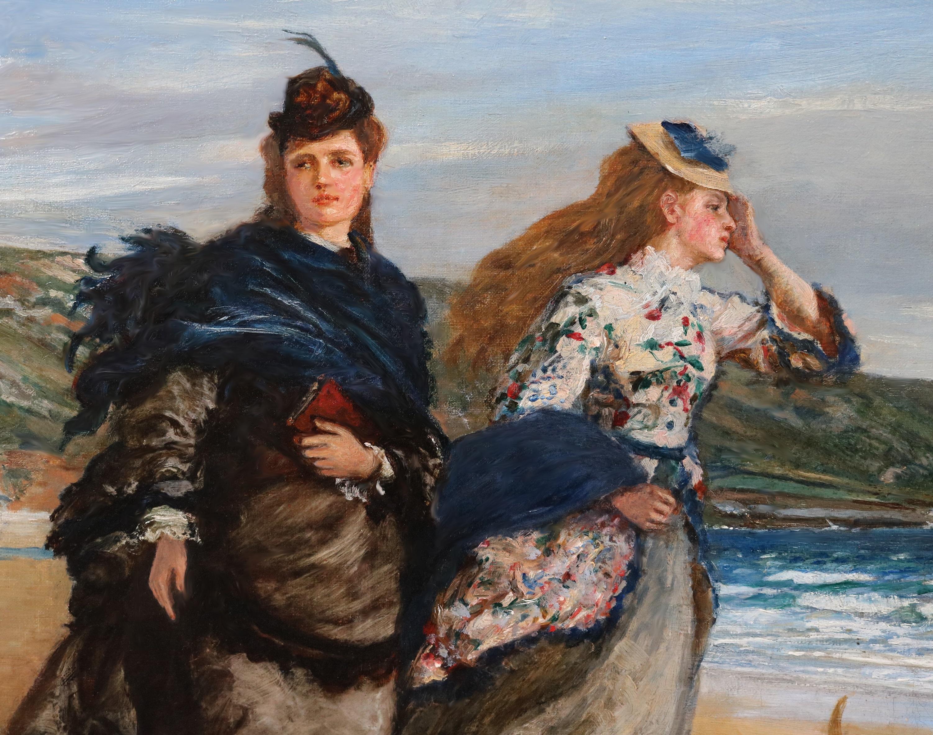 Pittura ad olio English Impressionist del XIX secolo Ragazze e cani sulla spiaggia in primavera in vendita 2