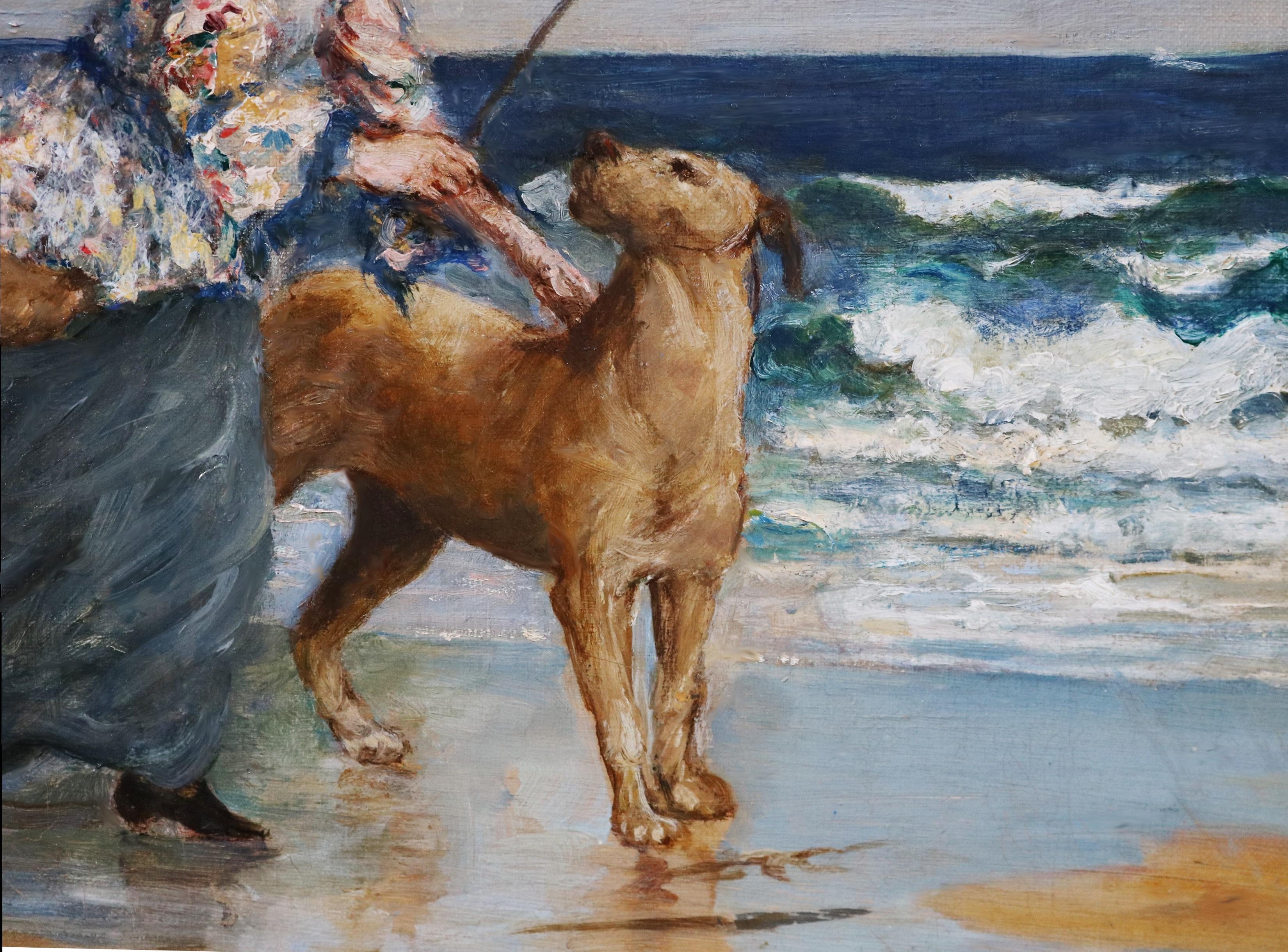 Pittura ad olio English Impressionist del XIX secolo Ragazze e cani sulla spiaggia in primavera in vendita 3