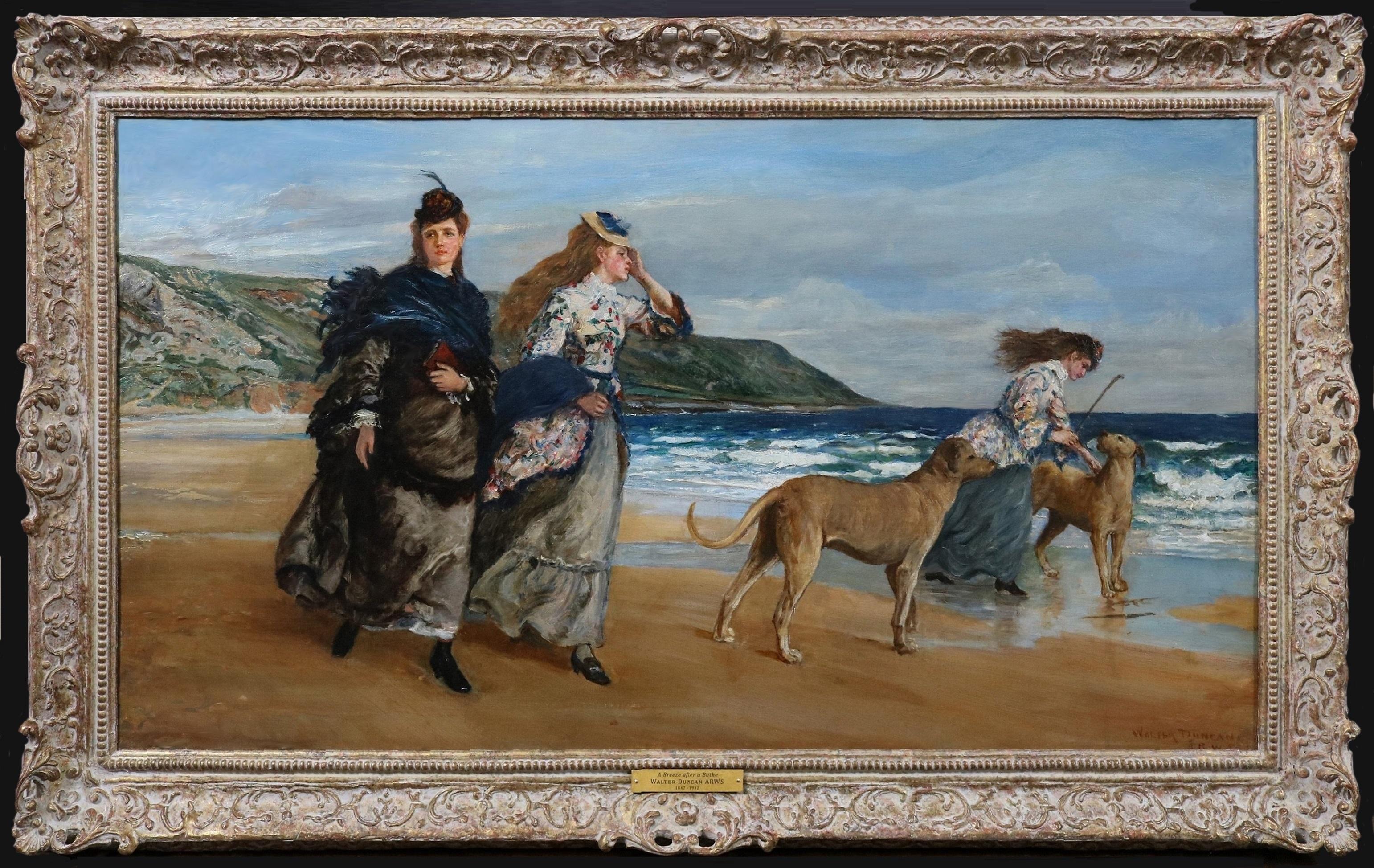 Walter Duncan ARWS Figurative Painting – Impressionistisches Ölgemälde aus dem 19. Jahrhundert: Viktorianische Mädchen und Hunde am Strand von Bournmouth