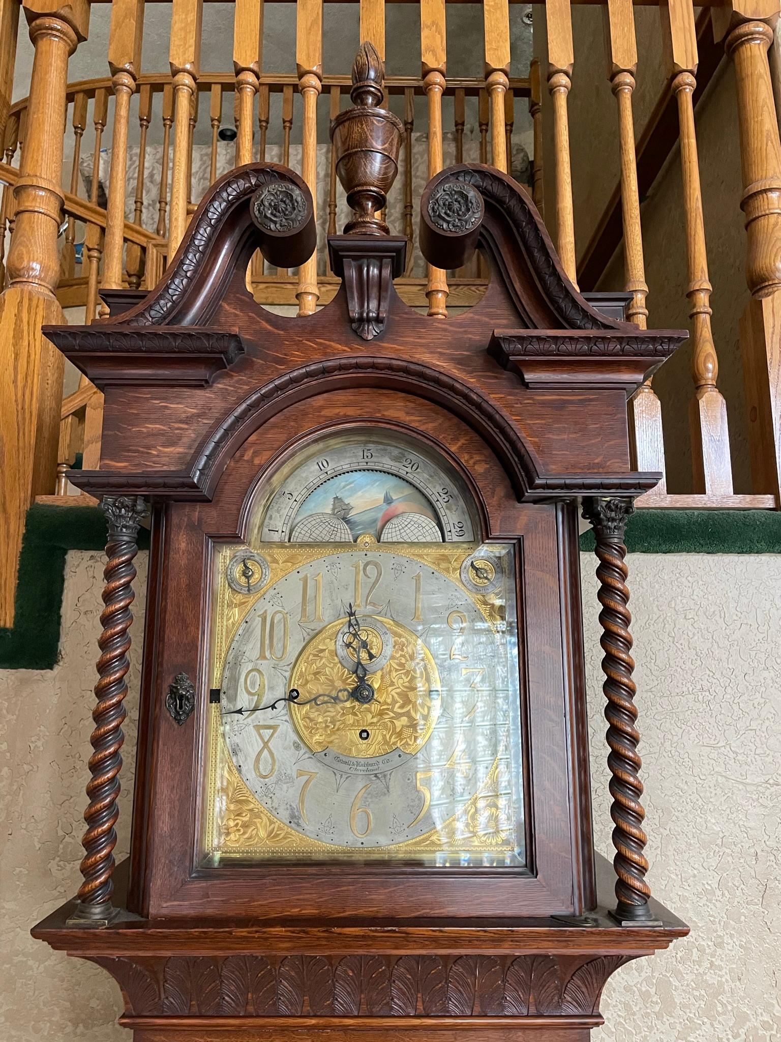 Walter Durfee Tall Case 9Tube Grandfather Clock Carved Intricately by