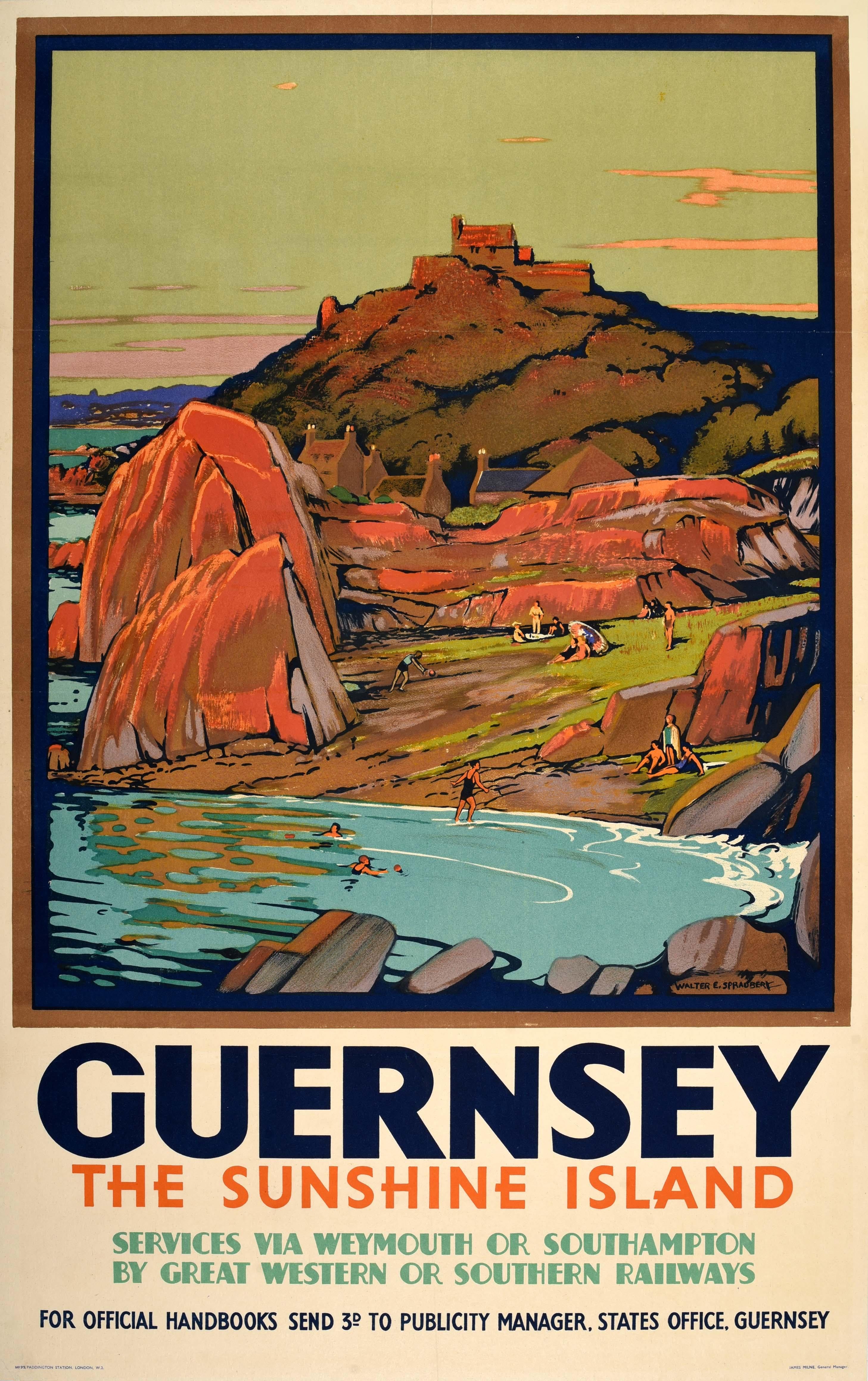 Walter E. Spradbery Print – Original Vintage-Vintage-Zug-Reiseplakat Guernsey Sonneninsel Walter Spradbery