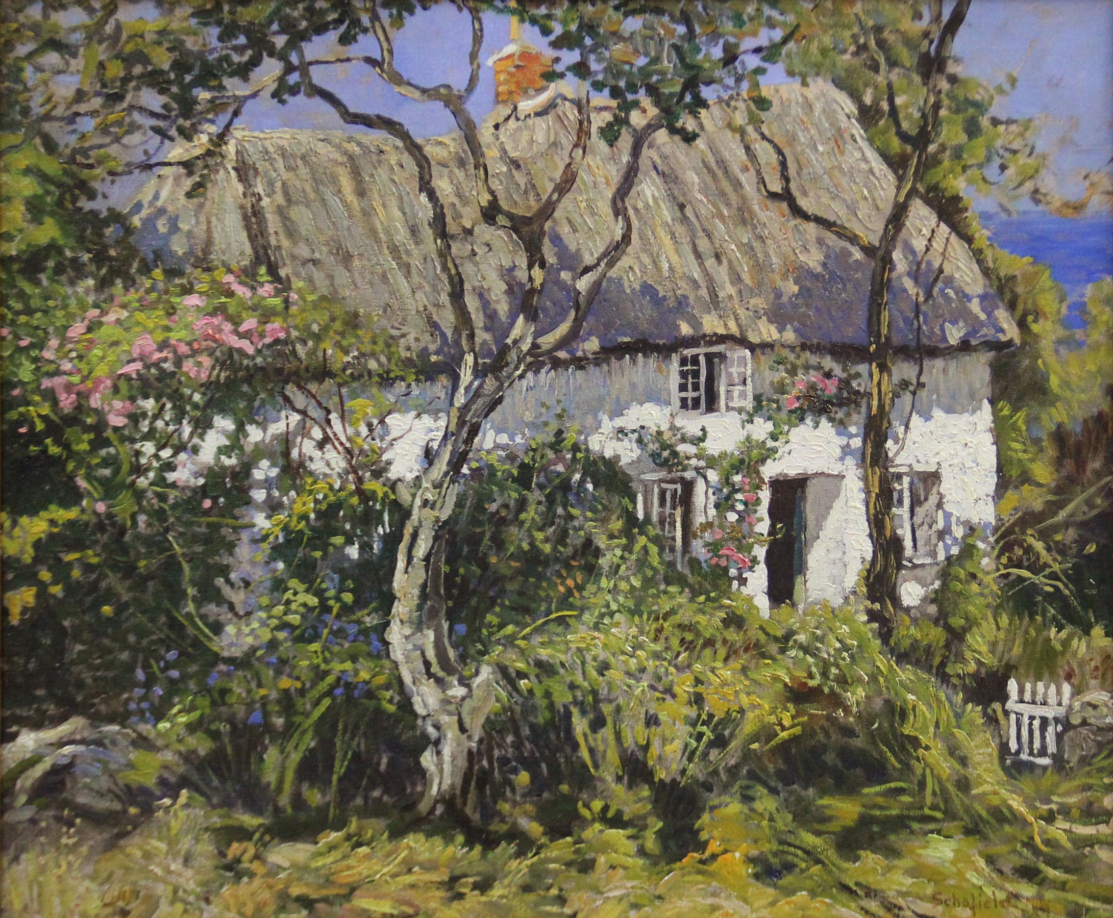 Walter Schofield, Cornish Cottage, Oil on Canvas, Period Frame - Painting by Walter Elmer Schofield