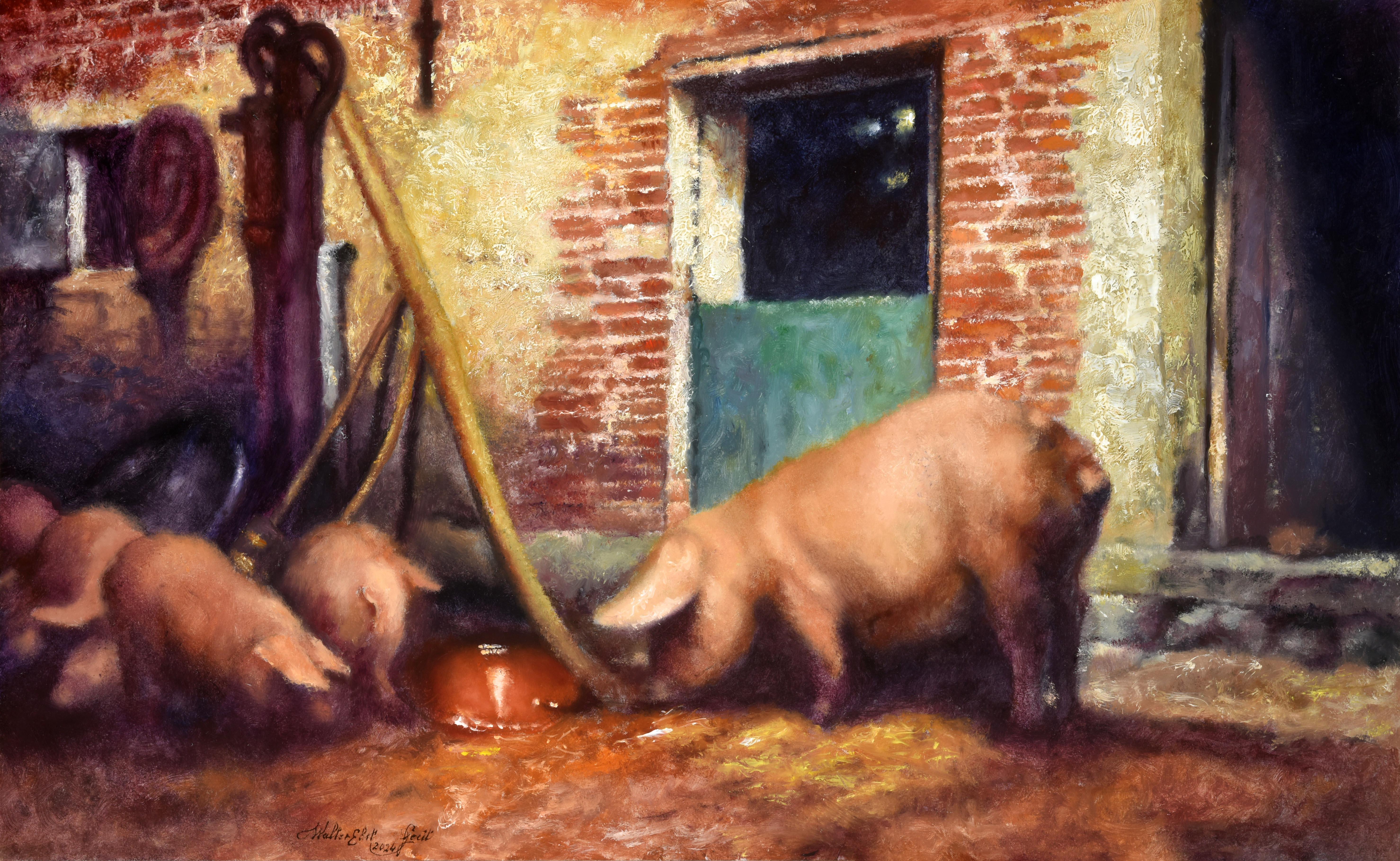 A Happy Family Pig Land Life Farm Animal Figurative Art en stock - Painting de Walter Elst