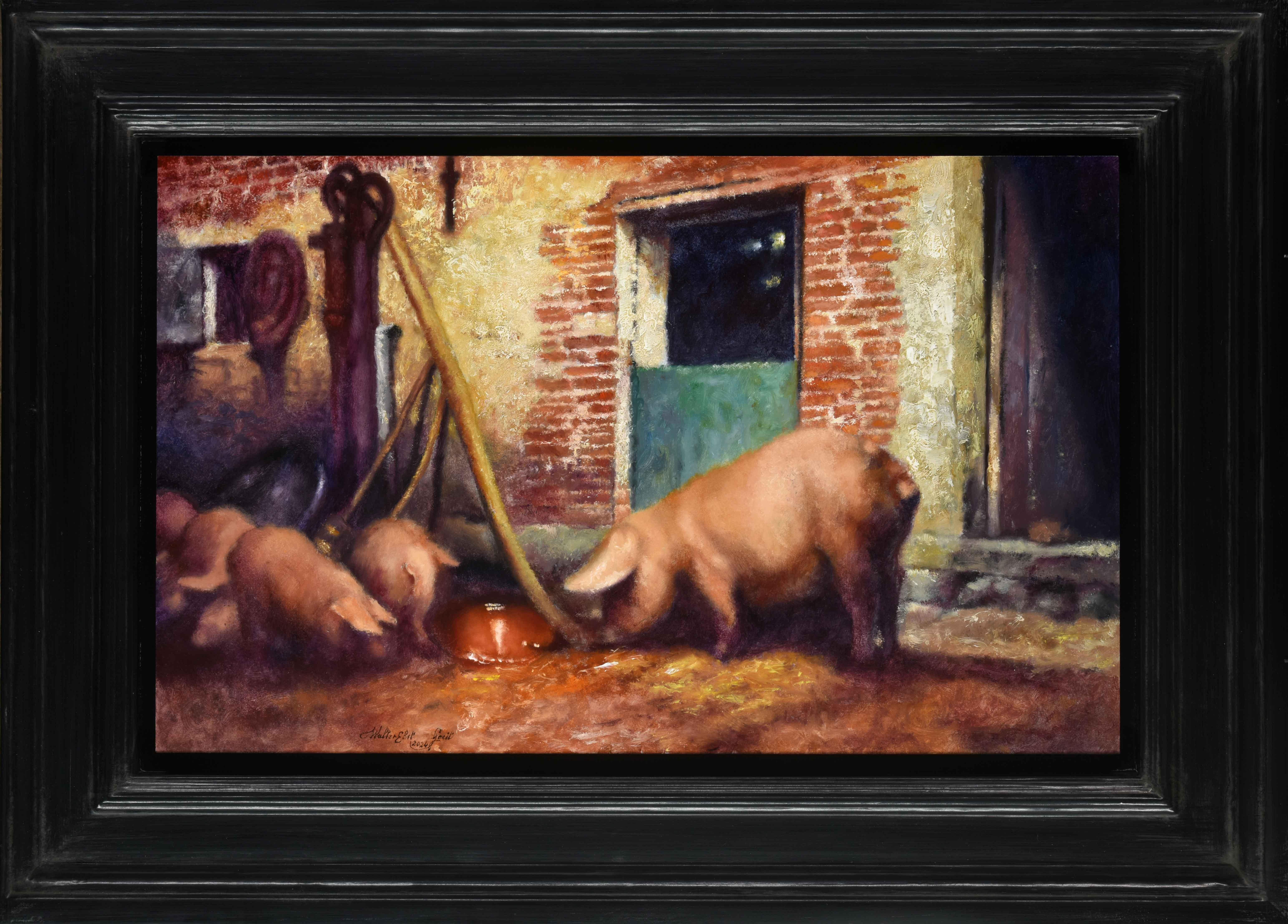 Animal Painting Walter Elst - A Happy Family Pig Land Life Farm Animal Figurative Art en stock