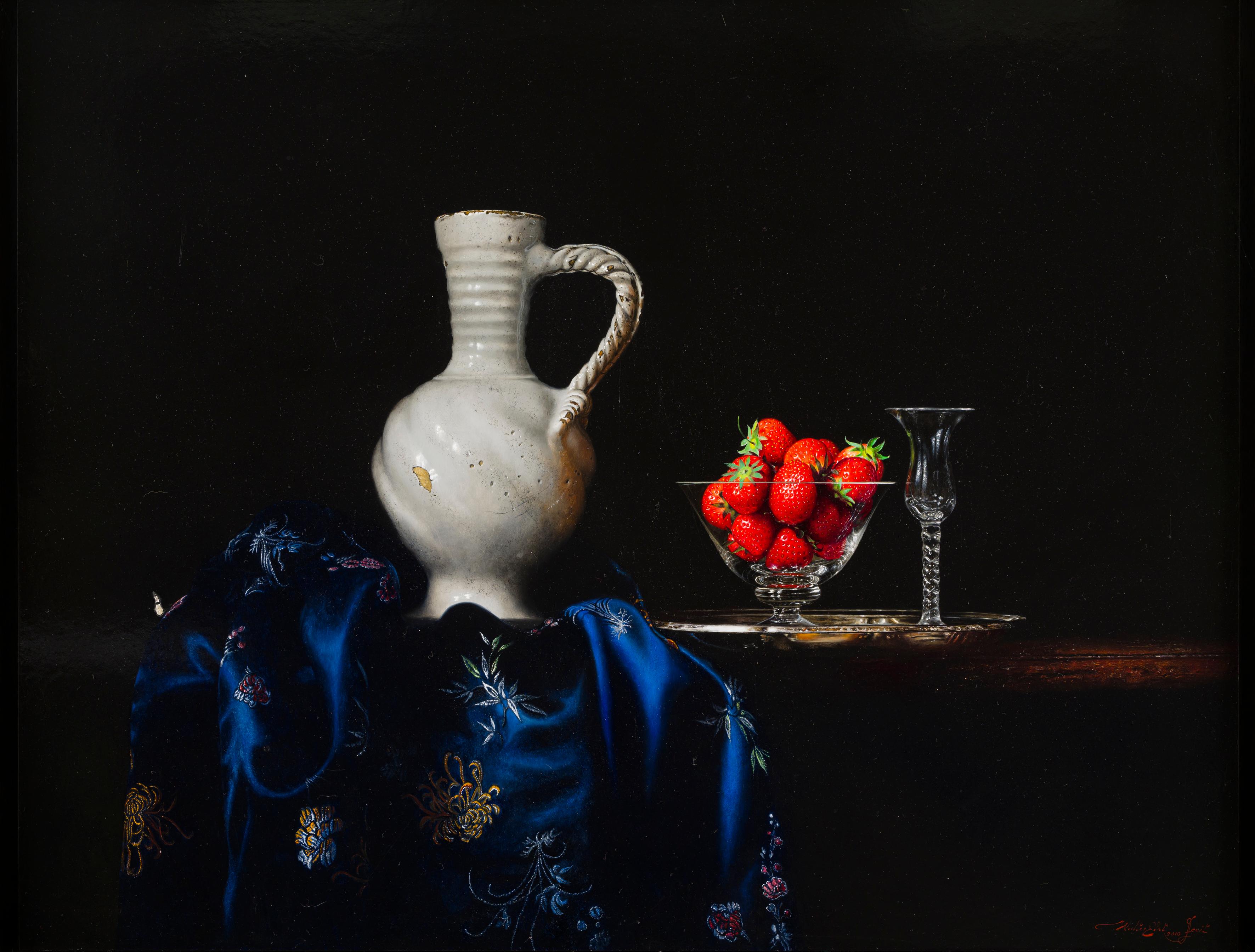 Still-Life Painting de Walter Elst - Aardbeien met Vermeerkruik Fresas con Jarra Pintura al Óleo sobre Panel En Stock