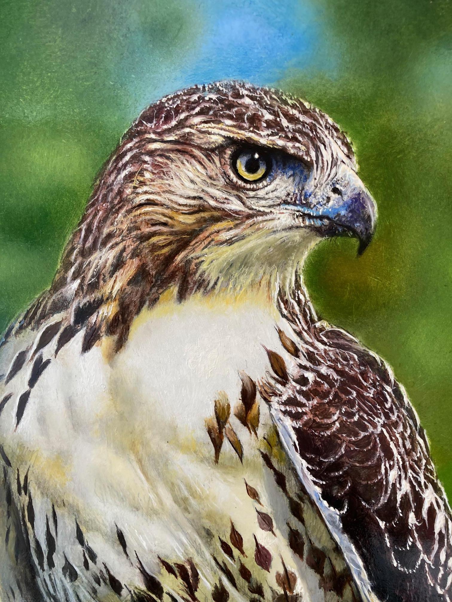 Alerte Buizerd Alert Buzzard Bird of Prey Nature Oil Painting on Panel En Stock en venta 3