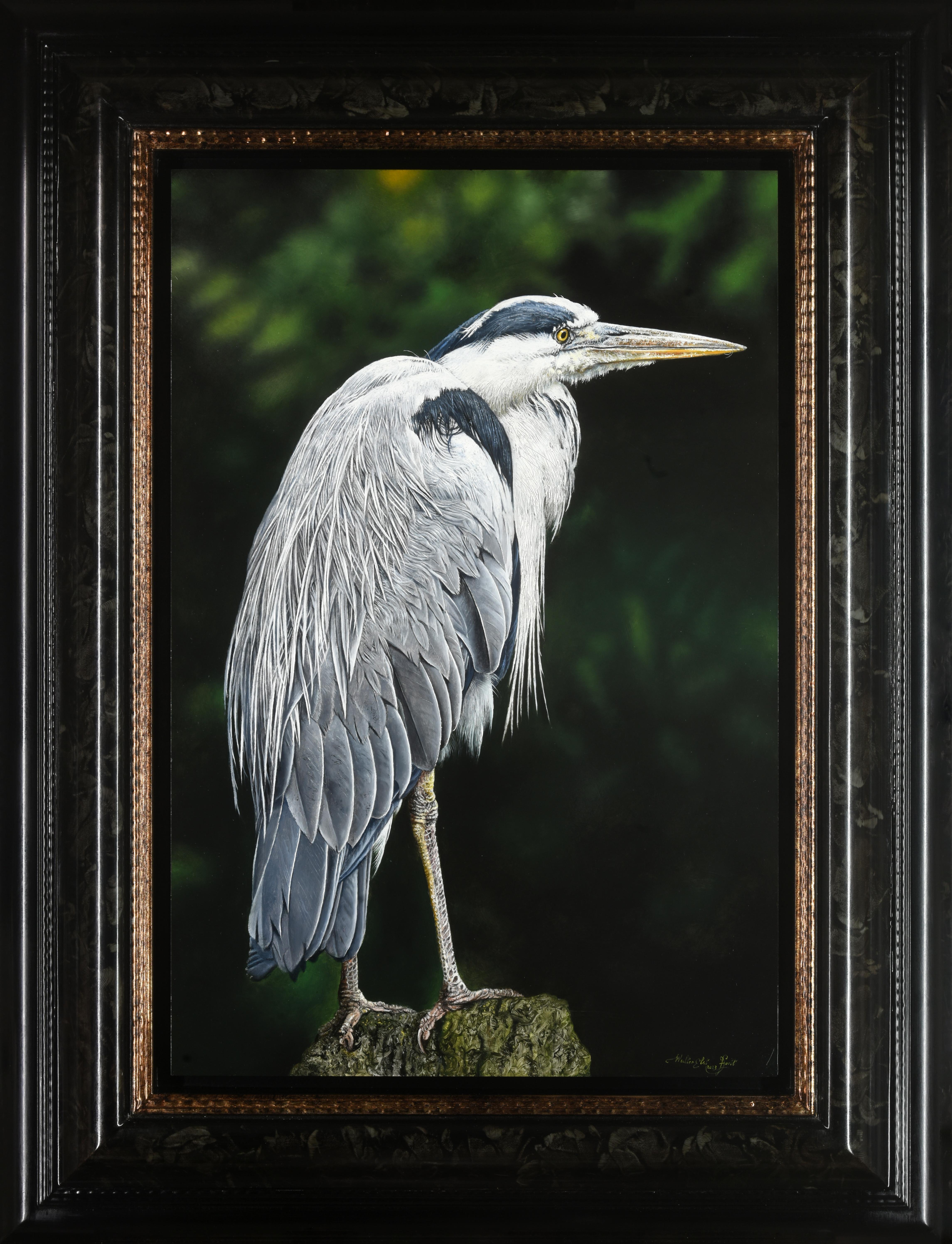 Walter Elst Figurative Painting - Blauwe Reiger Blue Heron Oil Painting on Panel Bird Animal 2023 In Stock