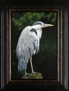 Blauwe Reiger, peinture à l'huile sur panneau, oiseau animal bleu, 2023, en stock