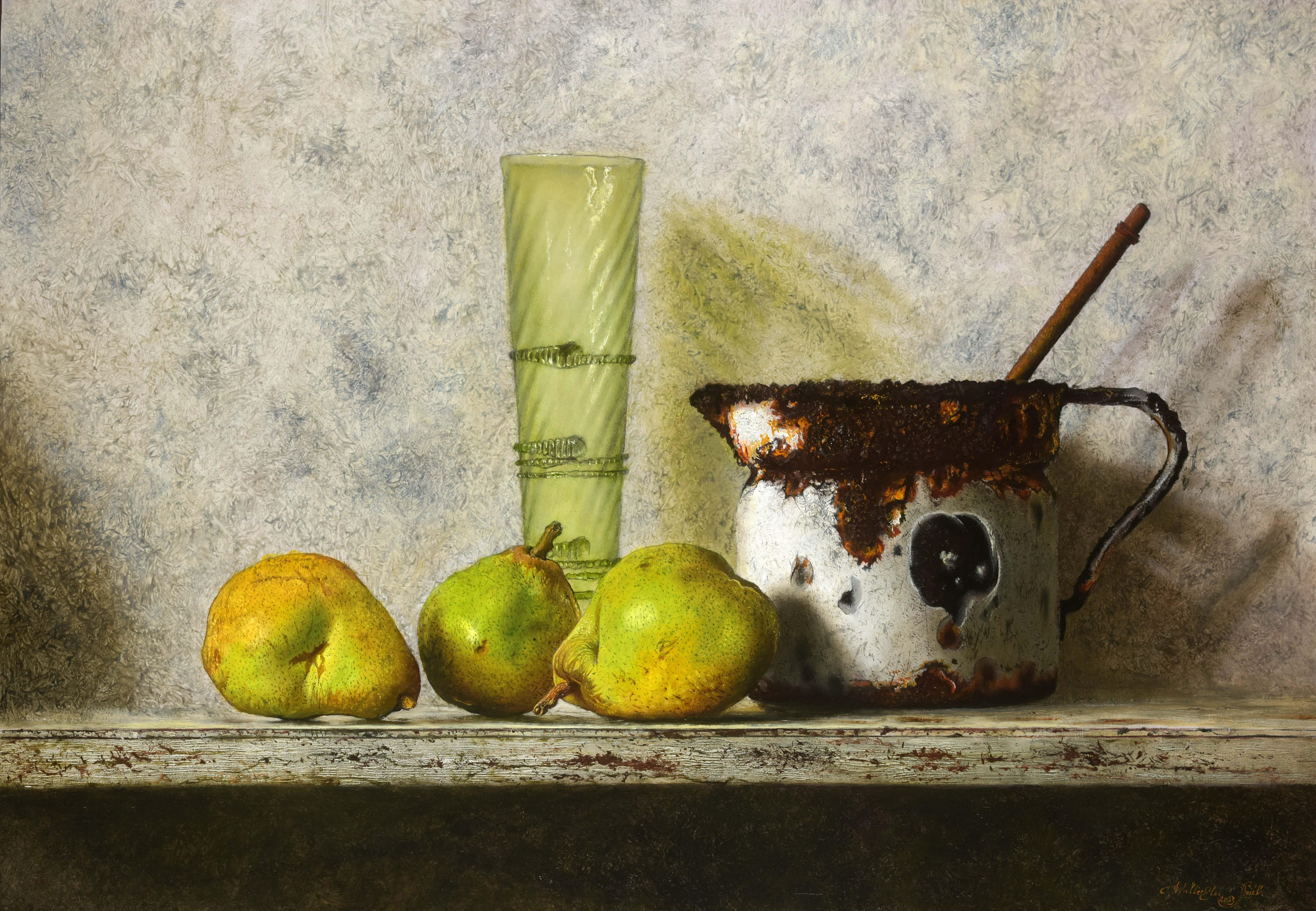 Bunker Vondst Find with Comice Peren Pears Oil Painting on Panel 2023 In Stock - Black Still-Life Painting by Walter Elst