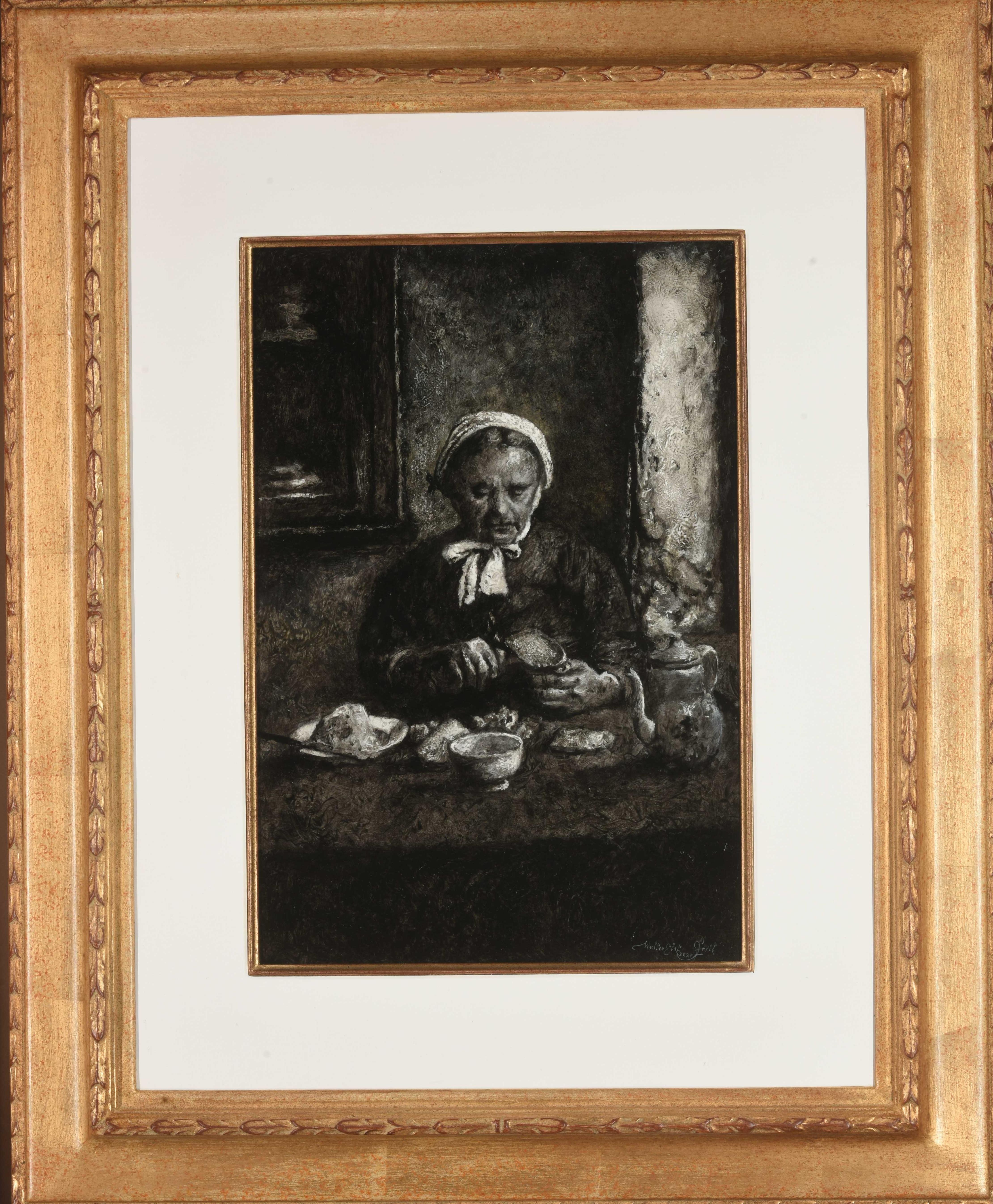 Walter Elst Figurative Painting - Dagelijkse Boterham Oil Painting on Panel Daily Bread Black and White In Stock
