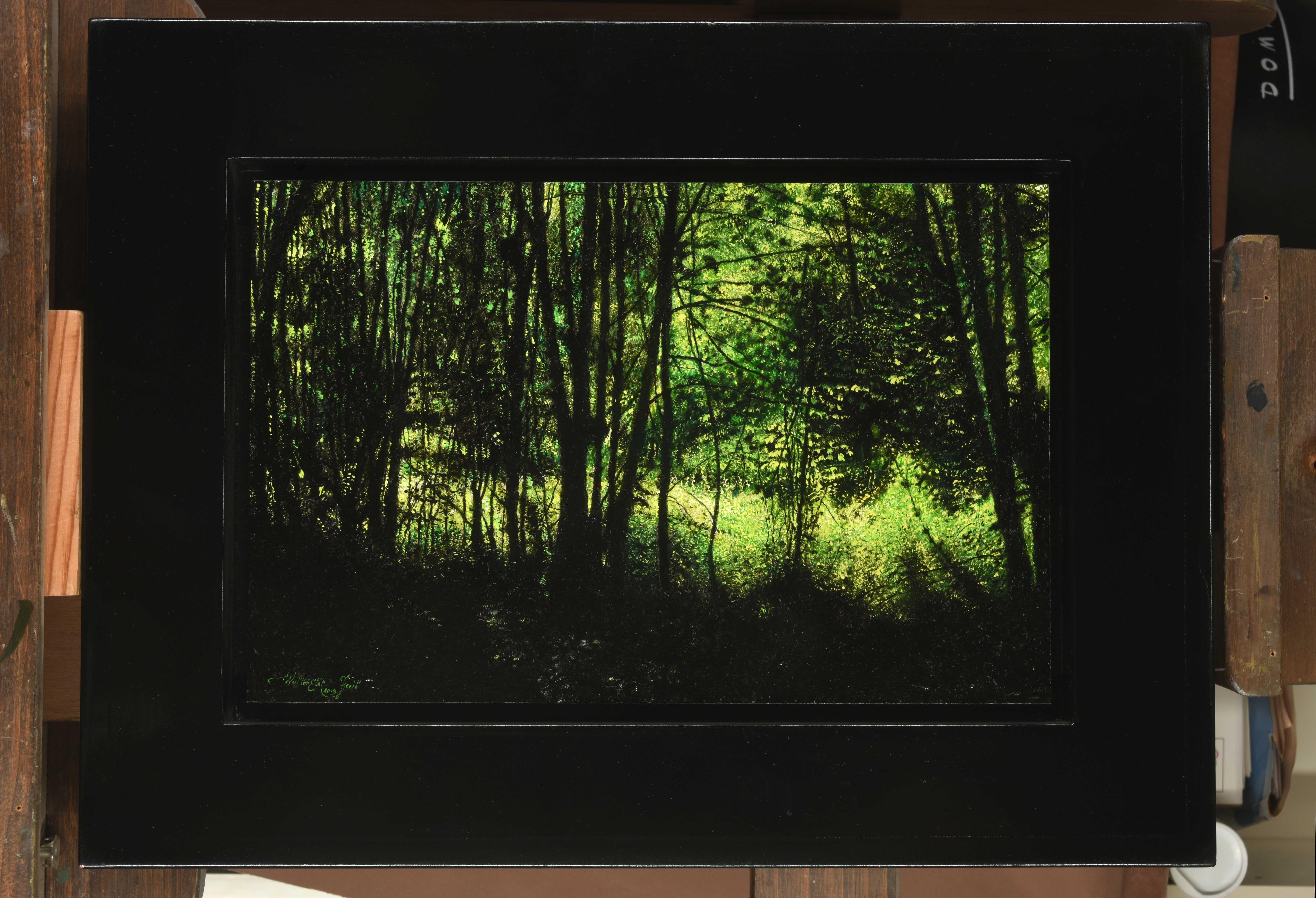 Diep in het Bos Far in the Woods Oil Painting on Wood Panel Nature In Stock - Black Landscape Painting by Walter Elst