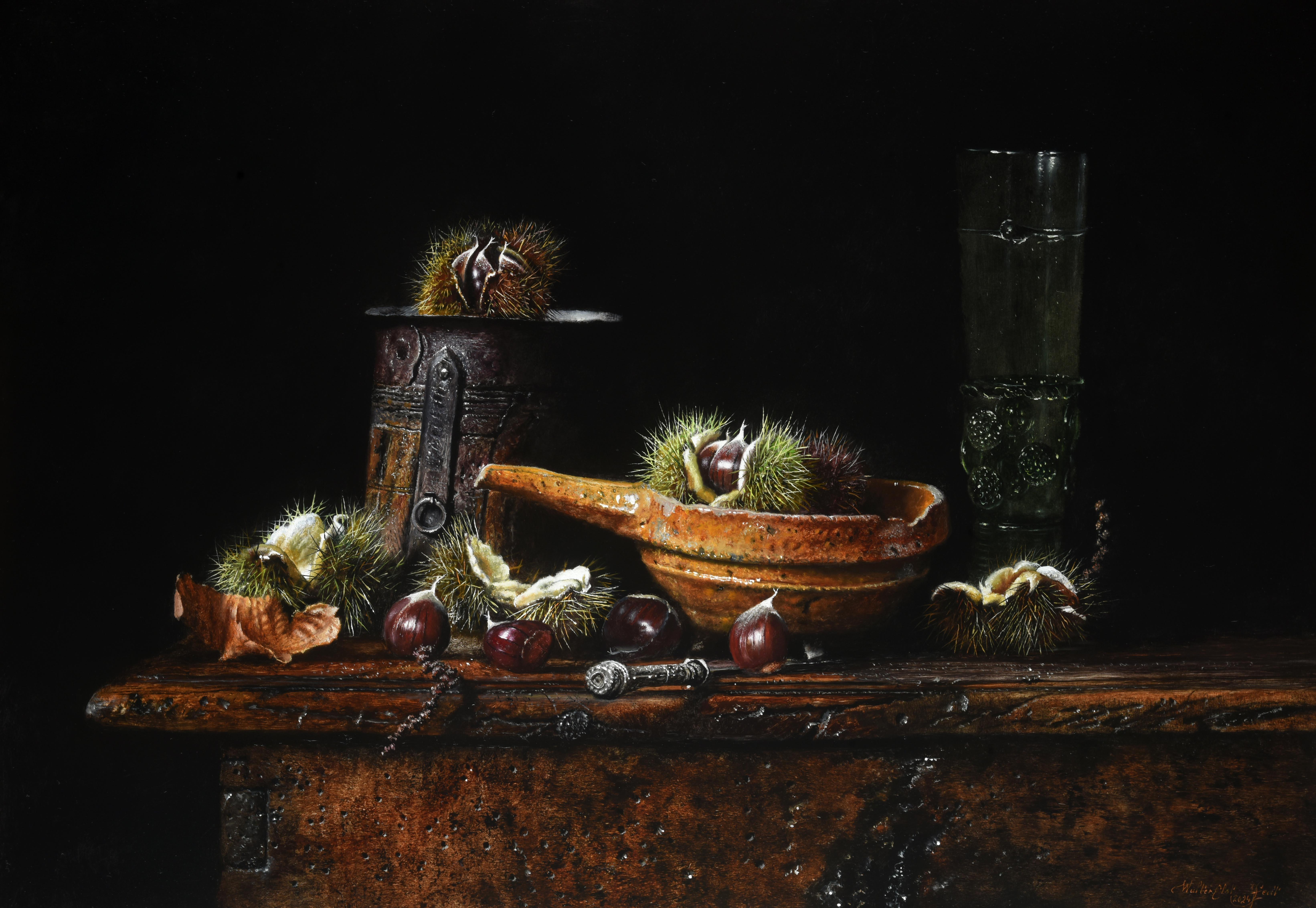 Een Oktoberfeest Oktoberfest Autumn Oil Painting on Panel Still Life In Stock - Black Figurative Painting by Walter Elst
