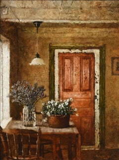 Een Sober Interieur Moderate Interior Oil Painting on Panel En Stock