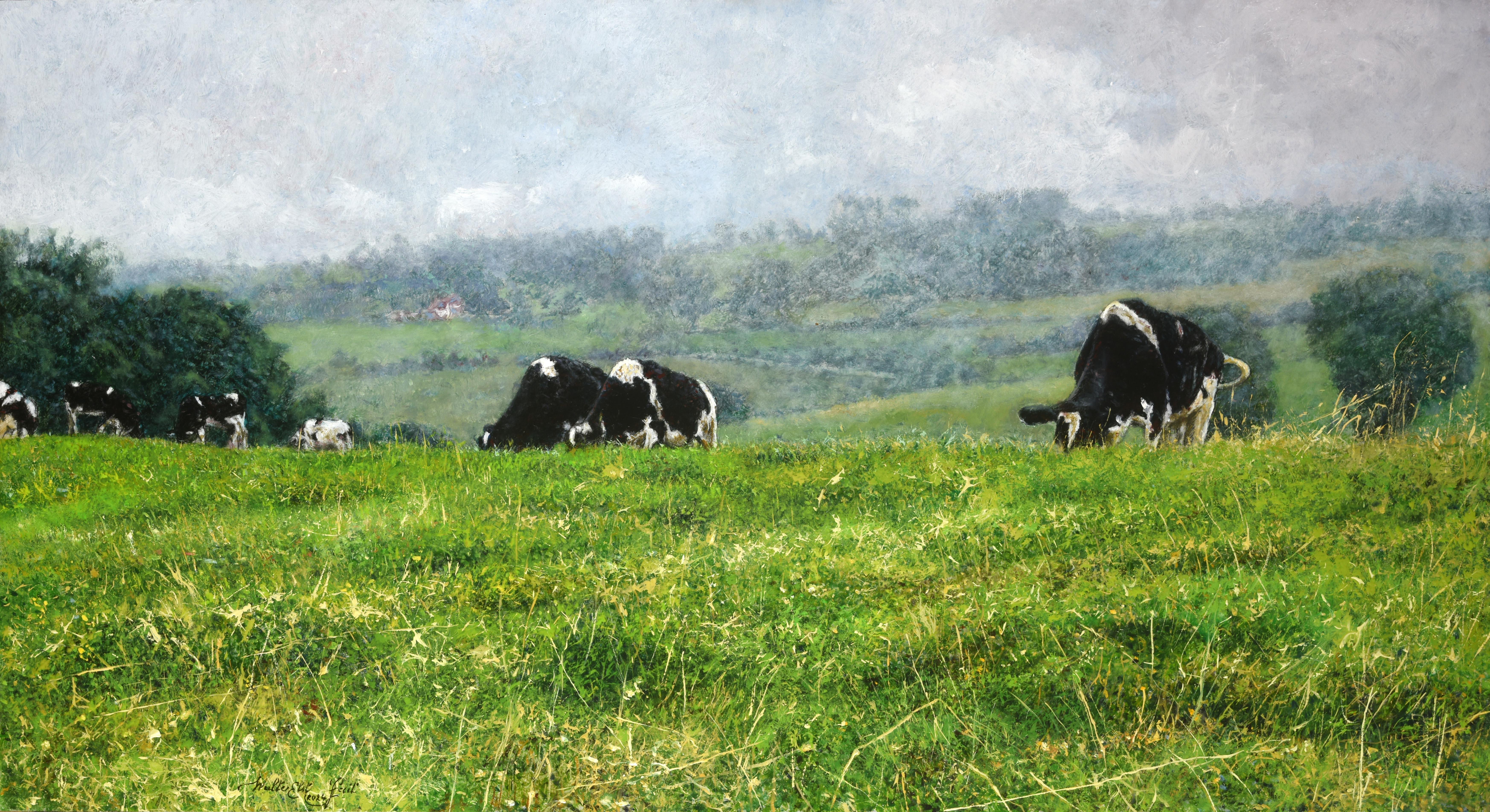 Grazend vee in Voeren Grazing Cattle Oil Painting on Panel In Stock 
Walter Elst Born in Antwerp, Belgium - 1955  After finishing his study Medicine at the University of Brussels Walter Elst decided to dedicate himself to his calling painting.