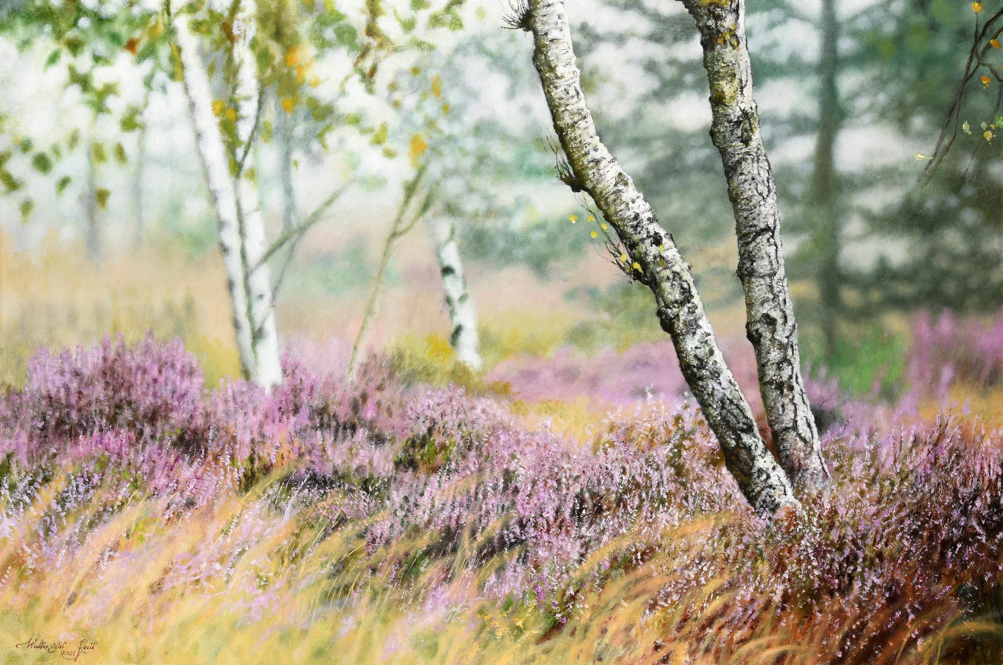 Heide in Bloei Heather in Bloom, Ölgemälde auf Tafel, Landschaft, auf Lager, Landschaft – Painting von Walter Elst