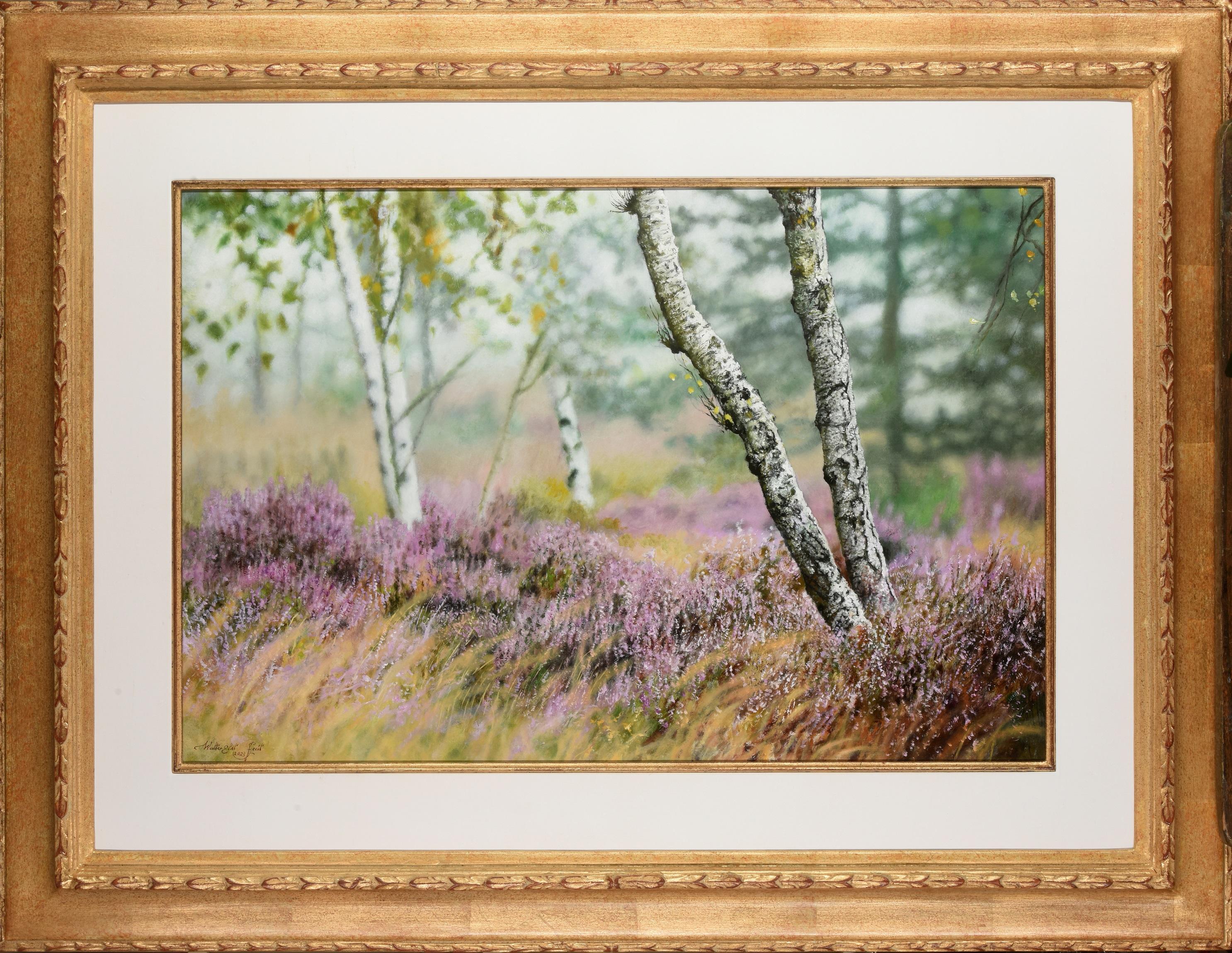 Walter Elst Landscape Painting – Heide in Bloei Heather in Bloom, Ölgemälde auf Tafel, Landschaft, auf Lager, Landschaft