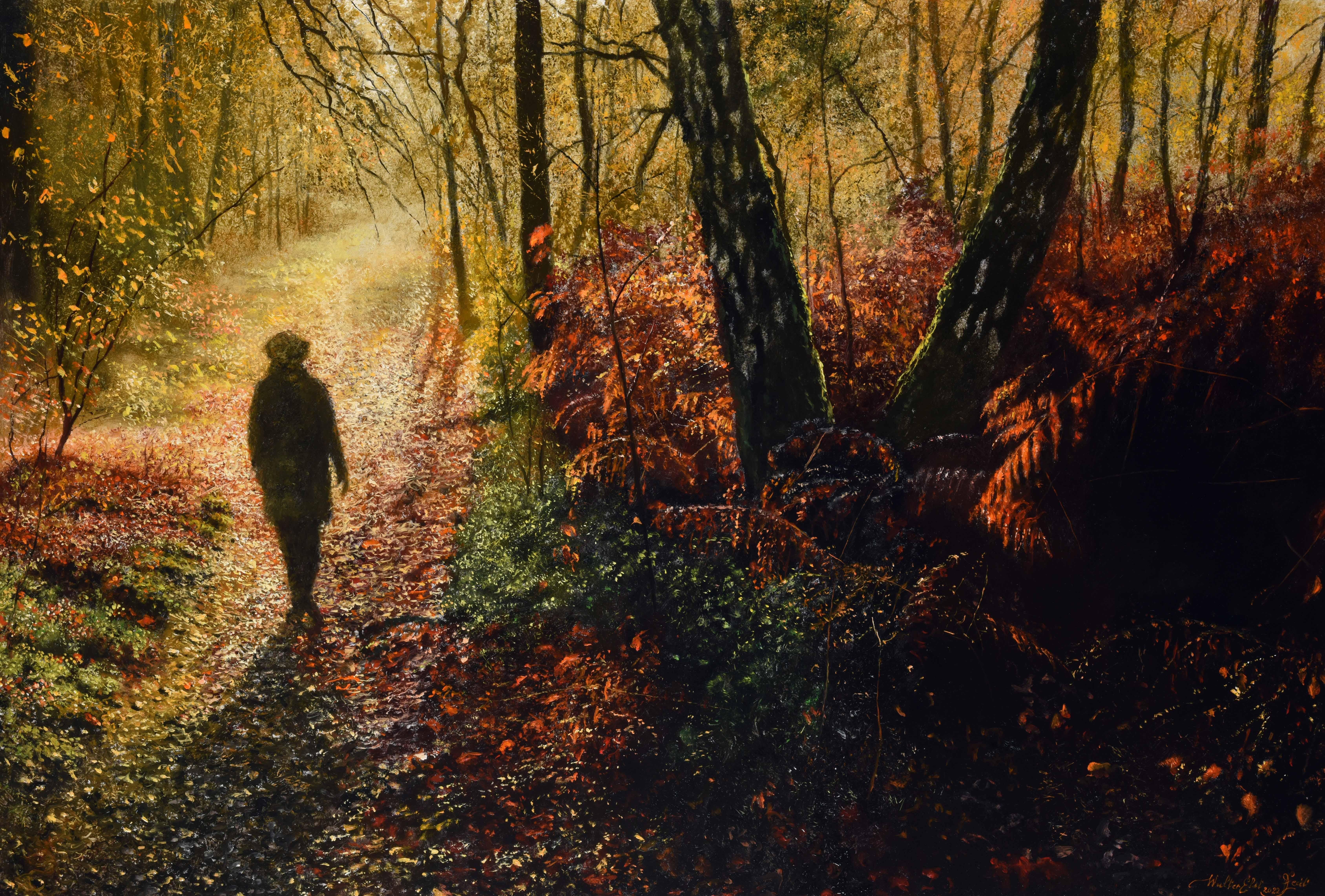 Herfstlicht Luce d'autunno Pittura a olio su pannello Nature Walk Forest Tree In magazzino - Painting di Walter Elst
