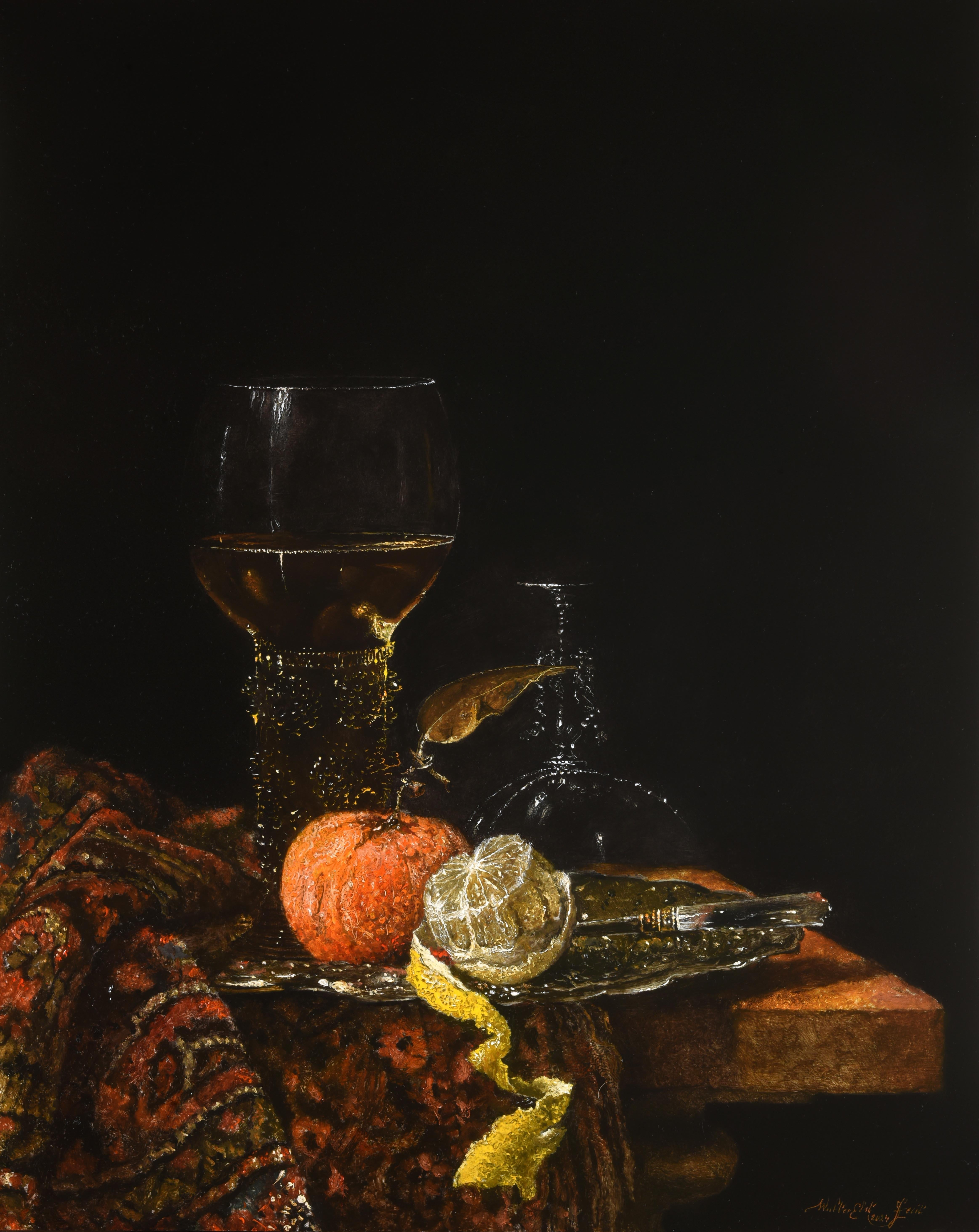 Hommage aan Willem Kalf Still Life Oil Painting on Panel In Stock 
Walter Elst Born in Antwerp, Belgium - 1955  After finishing his study Medicine at the University of Brussels Walter Elst decided to dedicate himself to his calling painting. Already