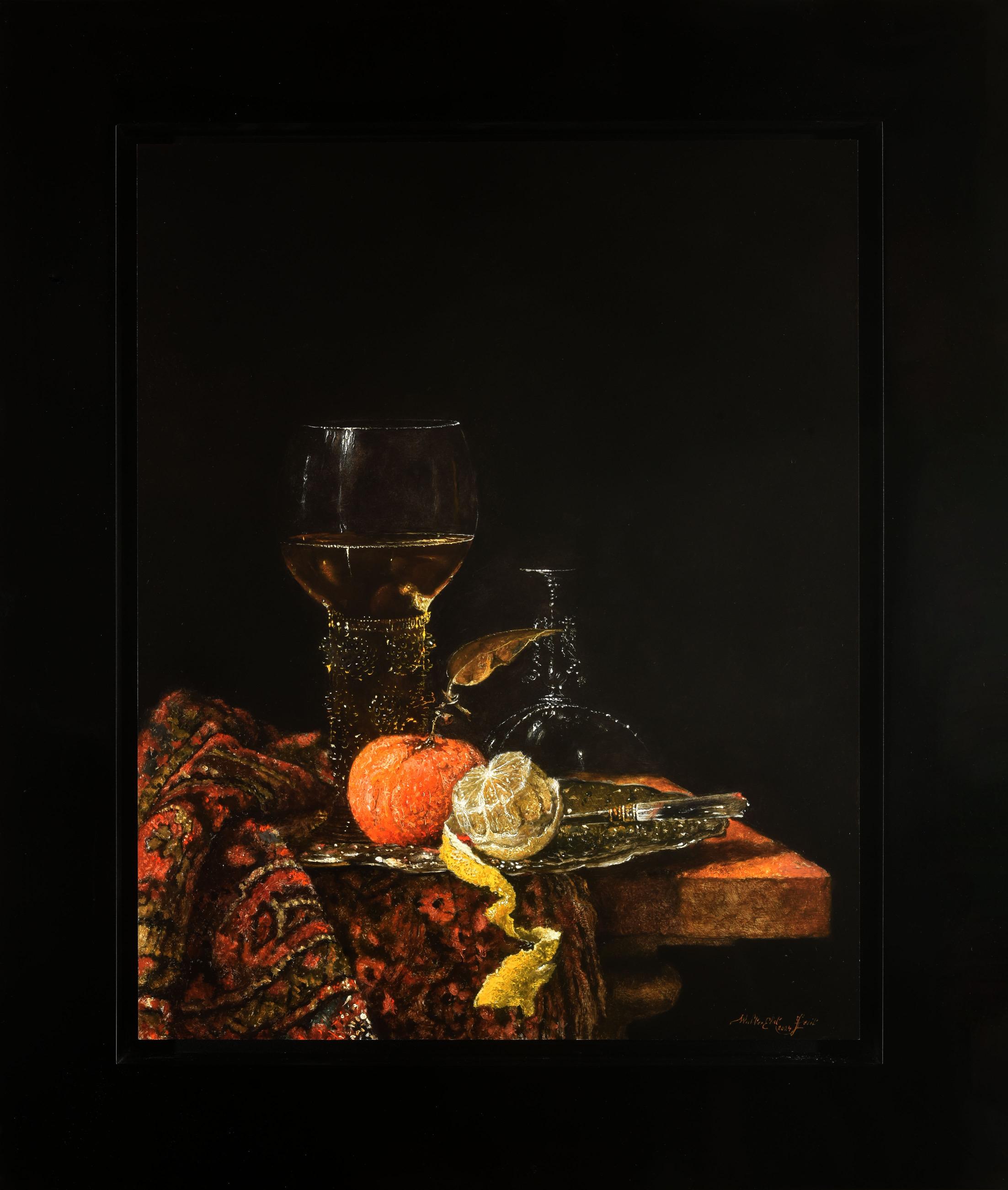 Walter Elst Figurative Painting - Hommage aan Willem Kalf Still Life Oil Painting on Panel In Stock 