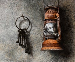 Oude Stallantaarn Old Stable Lantern Oil Painting on Panel Still Life En Stock