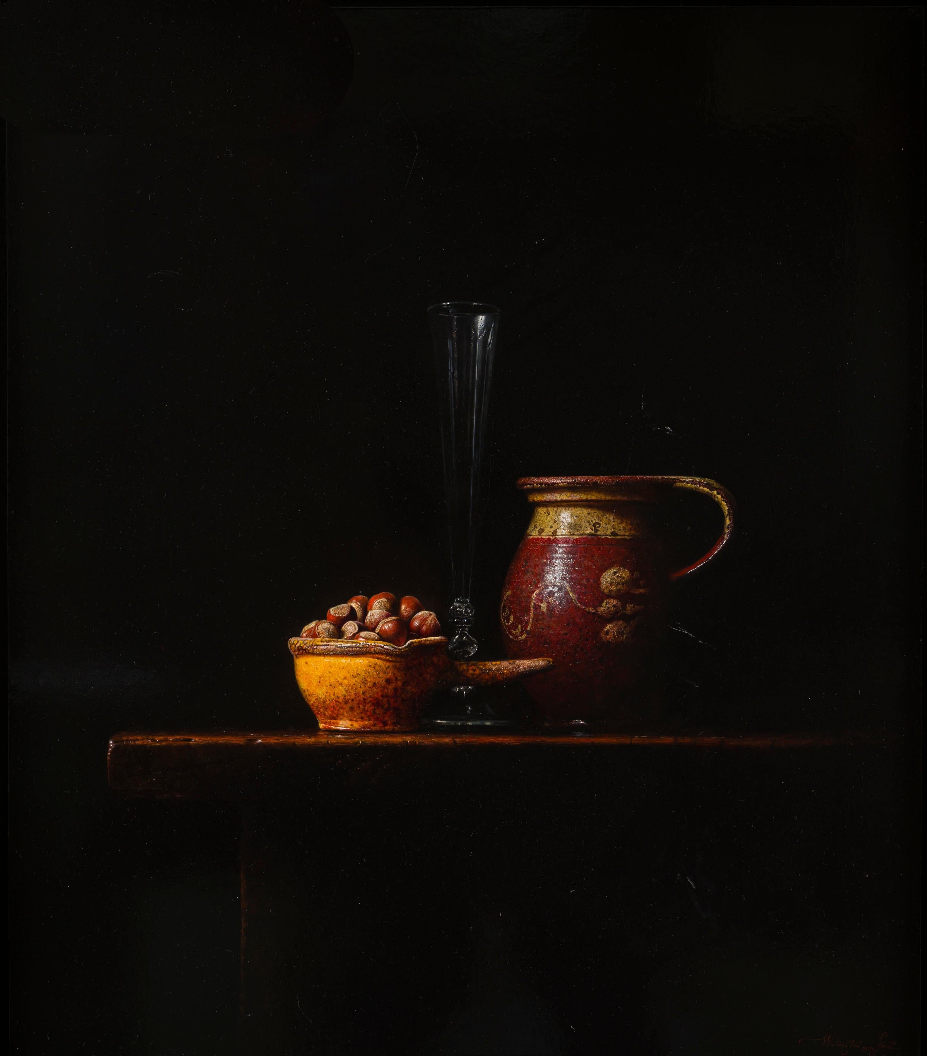Figurative Painting de Walter Elst - Sacrale Hazelnoten Avellanas Sagradas Pintura al óleo sobre panel Naturaleza muerta En Stock