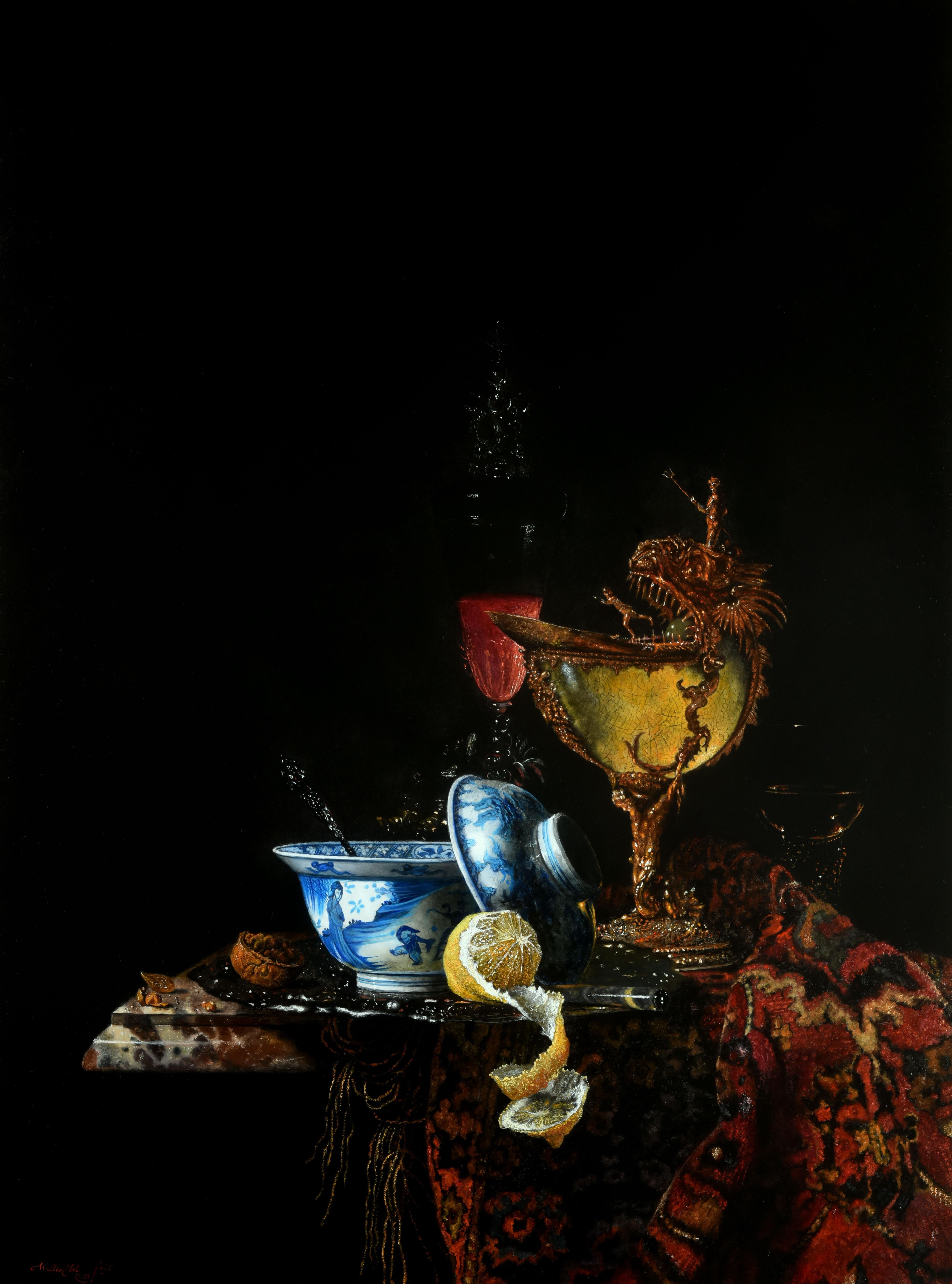 Variatie op Willlem Kalf Variations Oil Painting on Panel Still Life In Stock 
Walter Elst Born in Antwerp, Belgium - 1955  After finishing his study Medicine at the University of Brussels Walter Elst decided to dedicate himself to his calling
