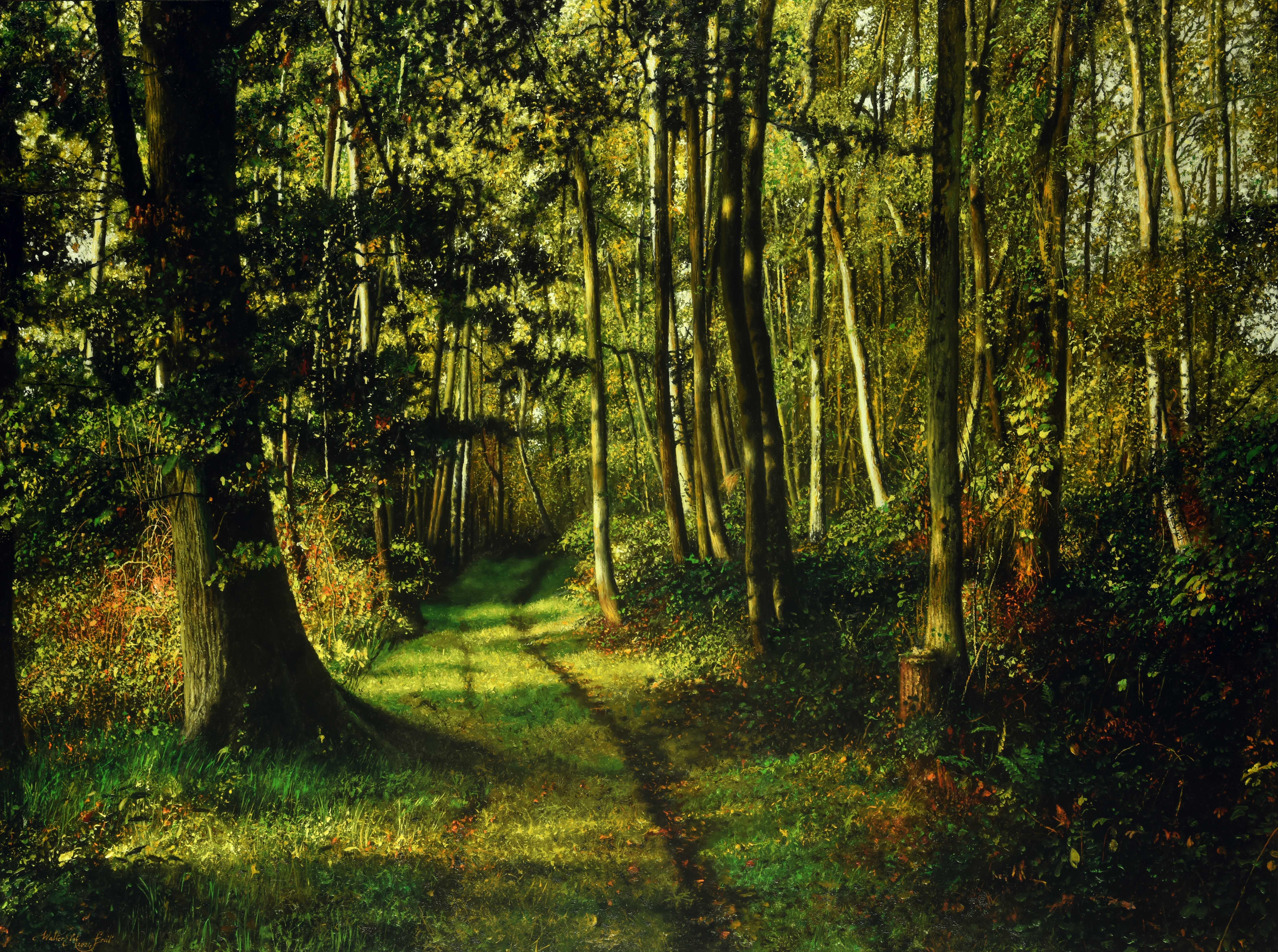 Zonnige Boswegel Sunny Forest Oil Painting on Panel Nature Landscape En Stock - Figurative Painting Negro de Walter Elst