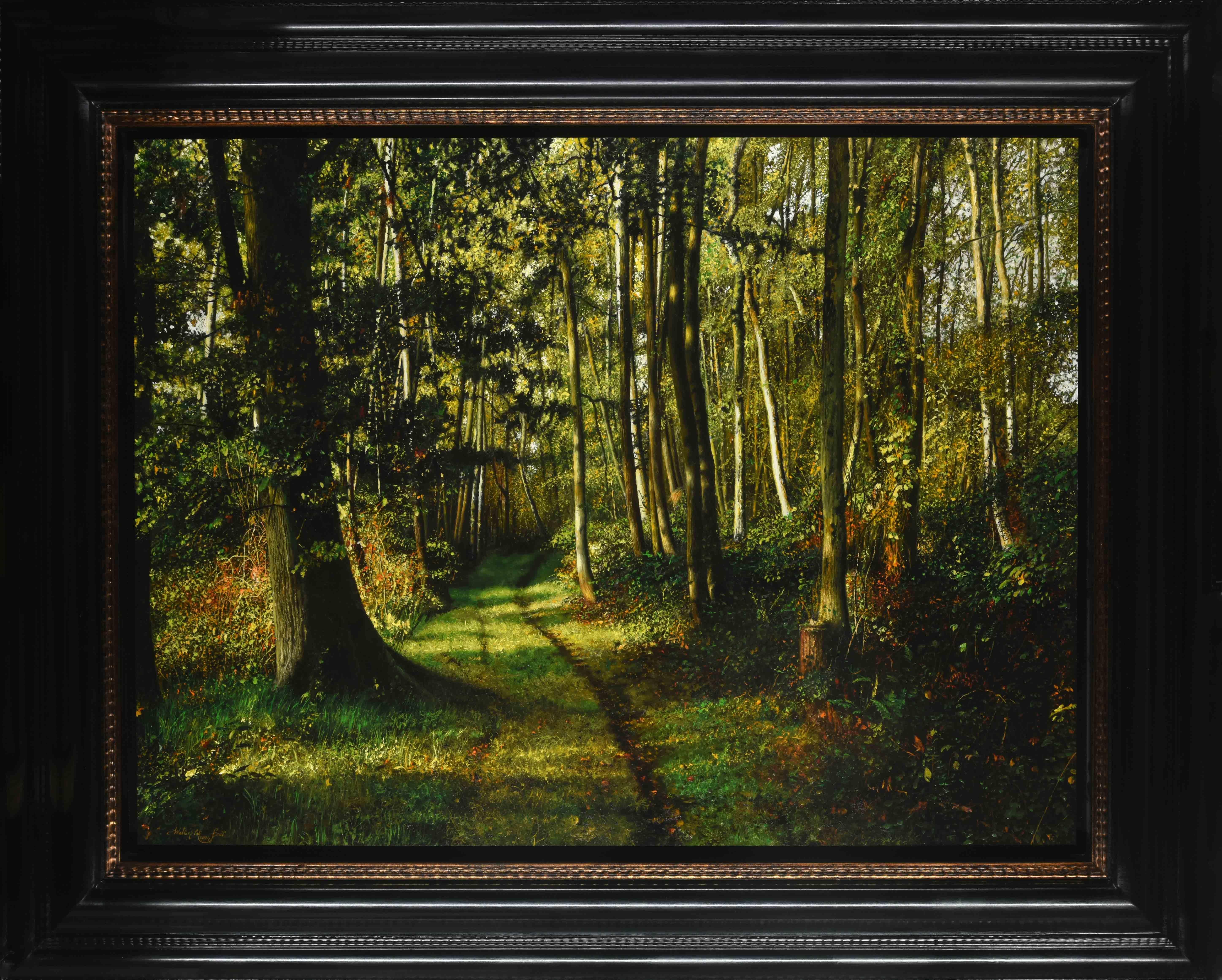 Figurative Painting de Walter Elst - Zonnige Boswegel Sunny Forest Oil Painting on Panel Nature Landscape En Stock