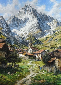 Zwitsers Bergdorp Schweizer Bergdorf Ölgemälde auf Platte Landschaft Vorrätig