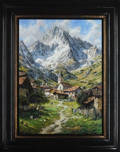 Zwitsers Bergdorp Village de montagne suisse Peinture à l'huile sur panneau Paysage en stock