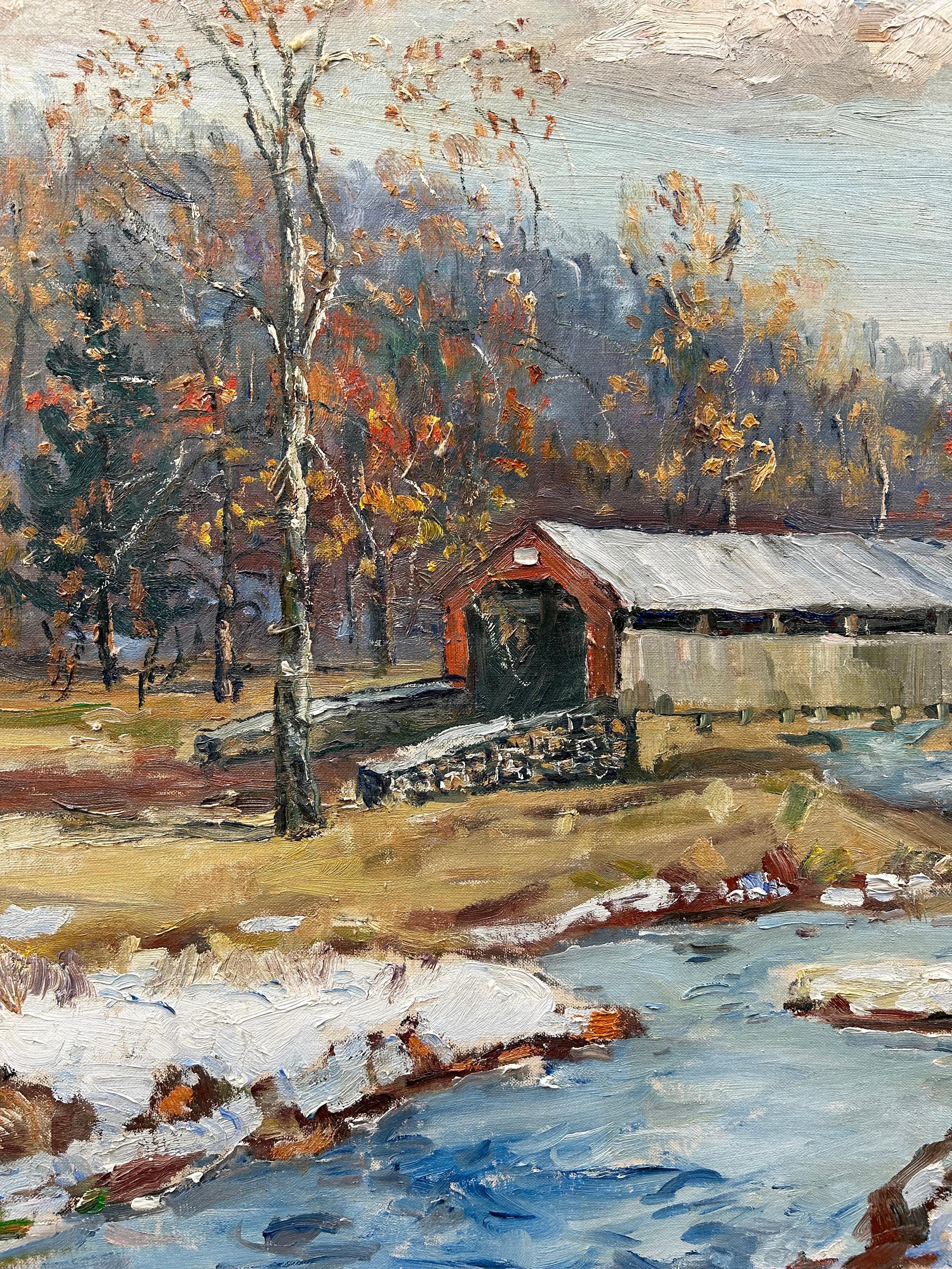 Puente cubierto en invierno, escena regional americana del impresionista de Pensilvania - Painting impresionista estadounidense de Walter Emerson Baum