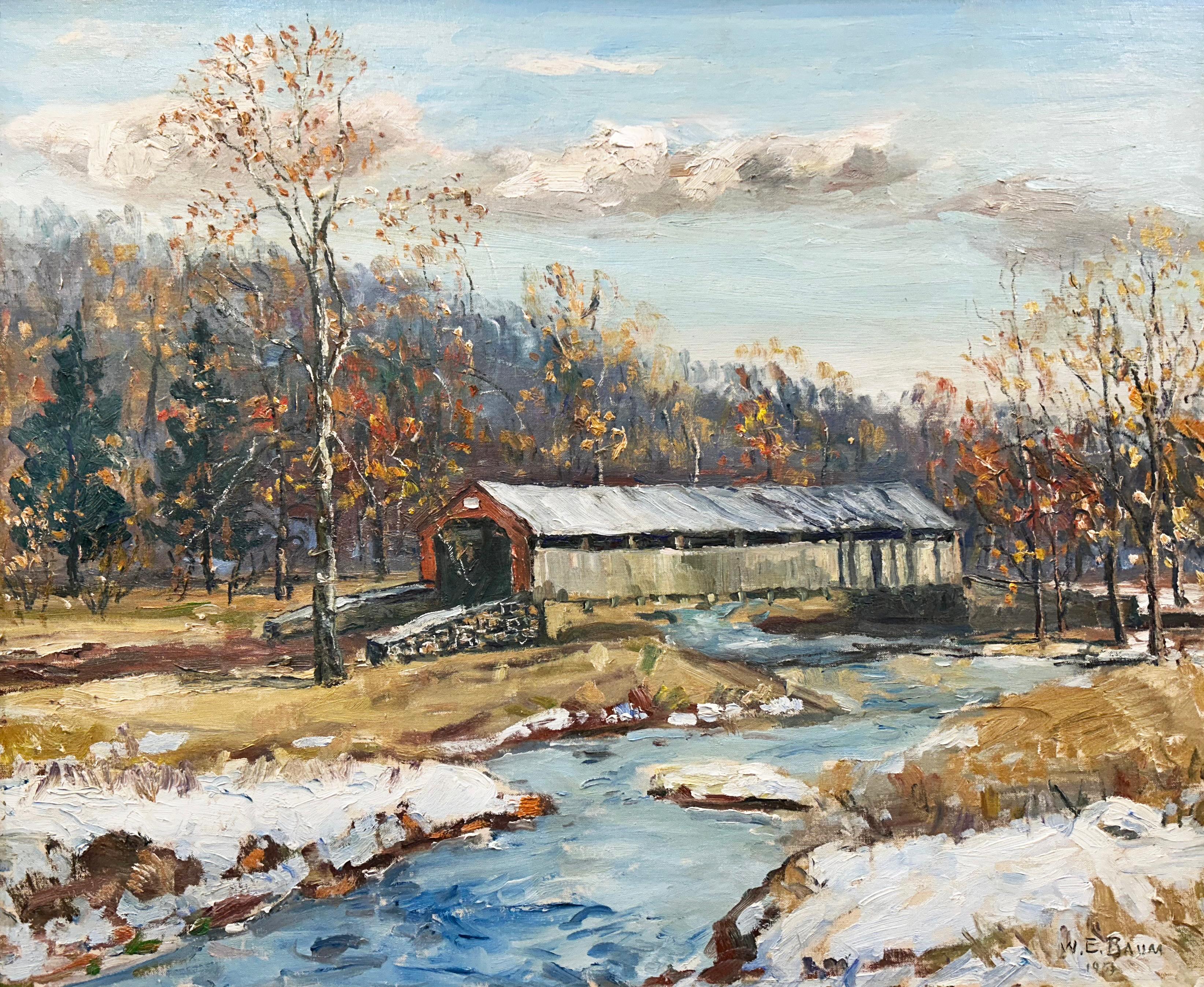 Puente cubierto en invierno, escena regional americana del impresionista de Pensilvania - Landscape Painting Beige de Walter Emerson Baum