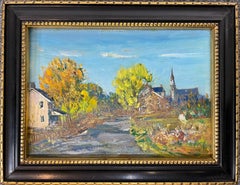 "Escena otoñal con iglesia" Paisaje de pequeña ciudad Impresionista americano
