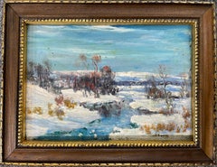 "First Snow Winter Stream", American Impressionist Oil on Board, Framed