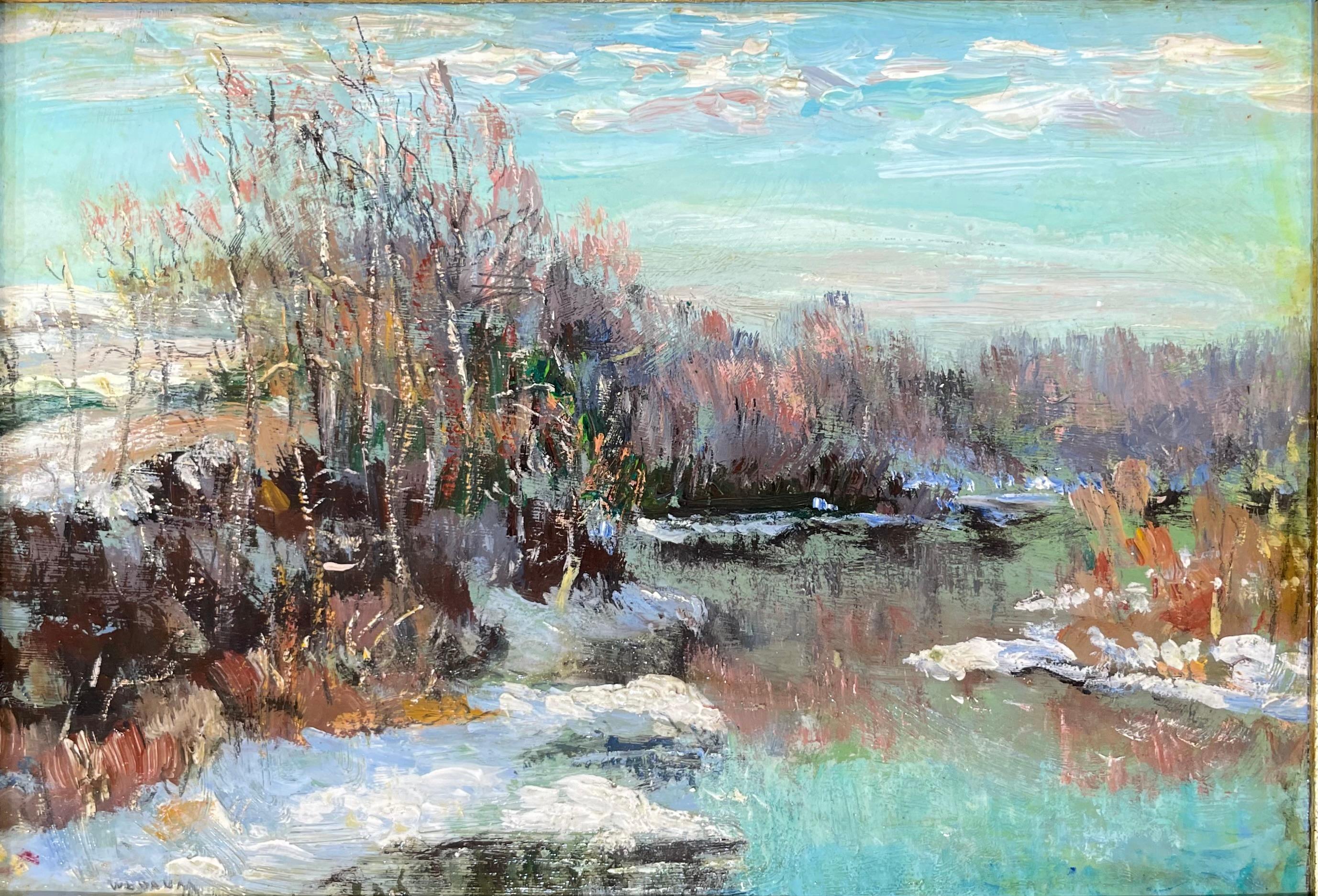 "First Snow Winter Stream", Amerikanischer Impressionist Öl auf Karton, gerahmt