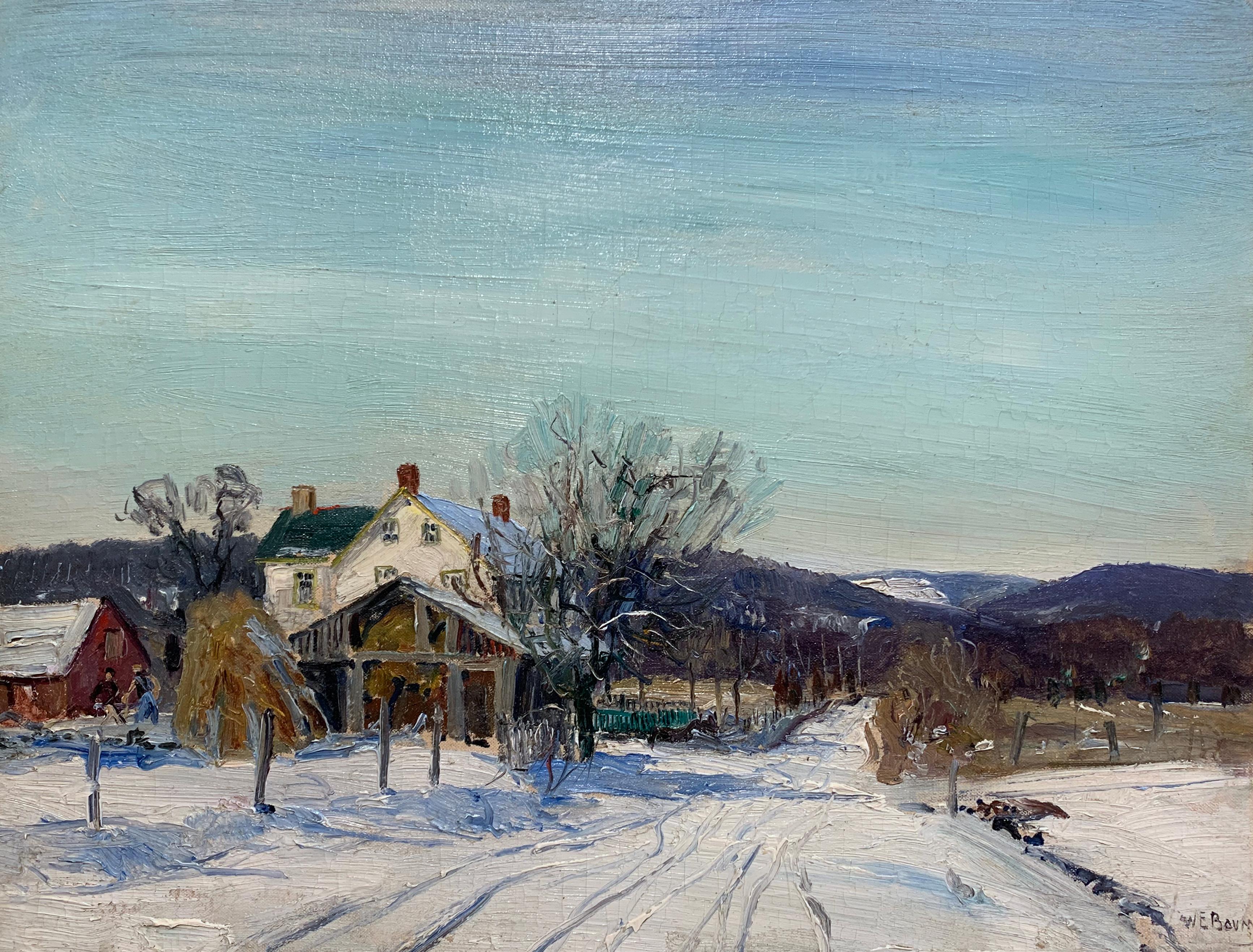Mill Road, Pennsylvania Impressionist Winter Landscape, Snow Scene with Figures - Painting by Walter Emerson Baum