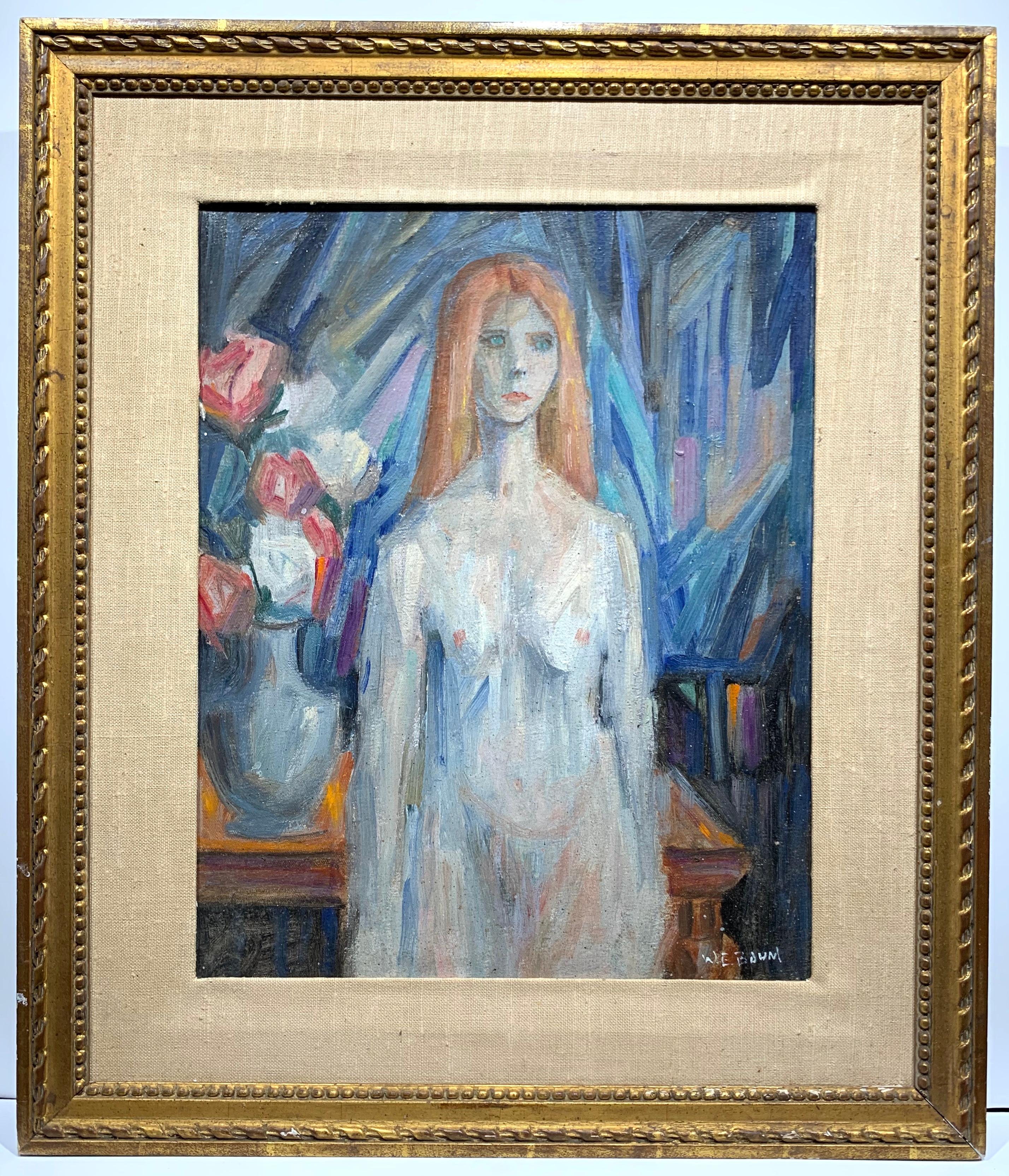 Portrait of a Nude Red Headed Woman - Gray Abstract Painting by Walter Emerson Baum