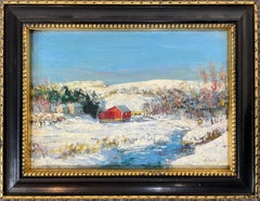 "Red Barn in Winter" Snow Scene by American Impressionist