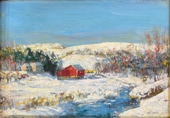 "Red Barn in Winter" Snow Scene by American Impressionist