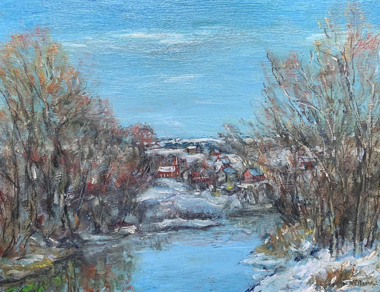 Walter Emerson Baum Landscape Painting - Walter Baum, Village Winter Scene, Miniature Oil on Board, Signed