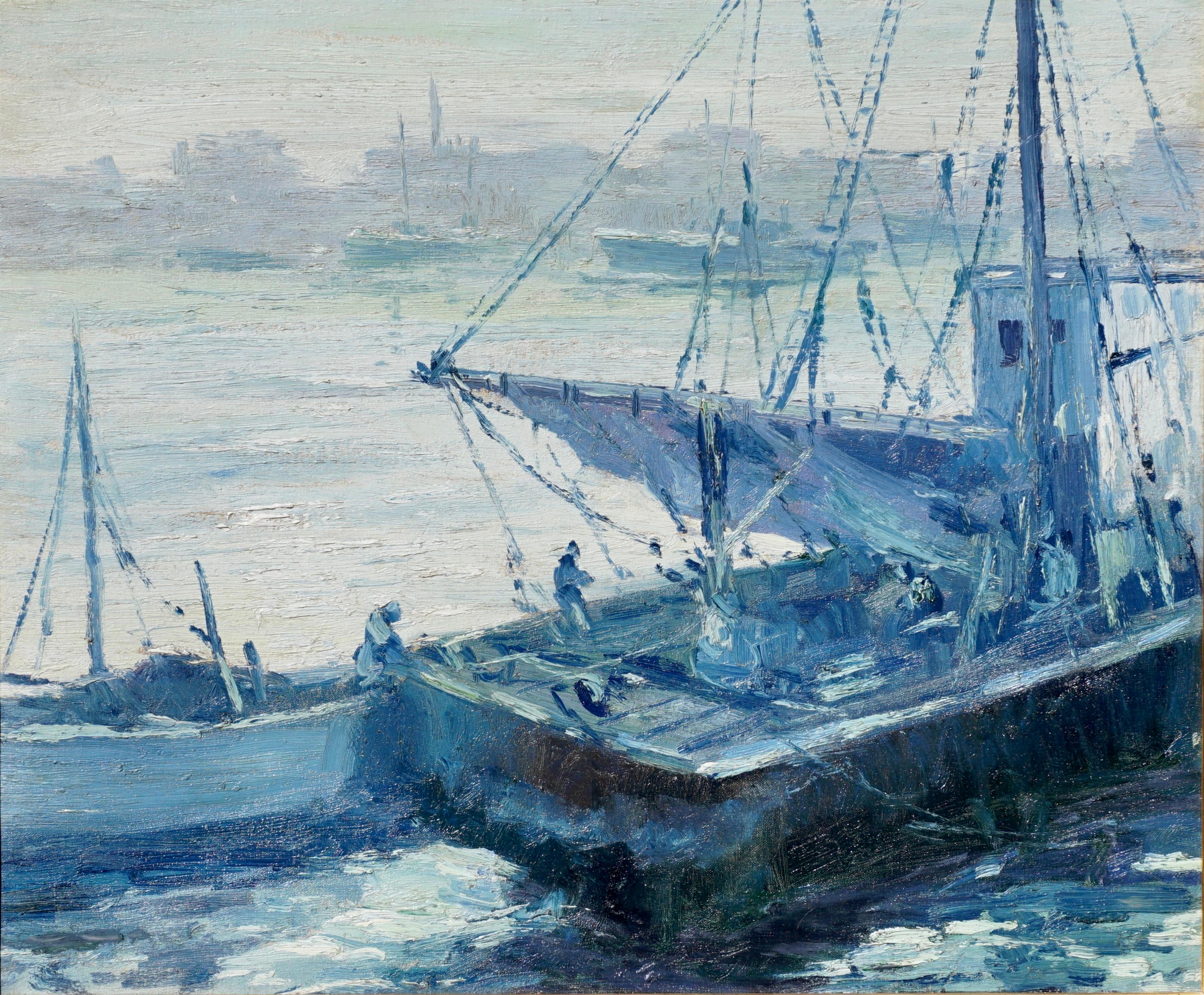 Walter Emerson Baum (Philadelphia, 1884-1956)

A harbor scene of fisherman on sailboats doing their business in the Delaware River near Philadelphia. Executed in shades of blue.

Singed and inscribed on verso “Presented by W.E.BAUM to M. Stark /