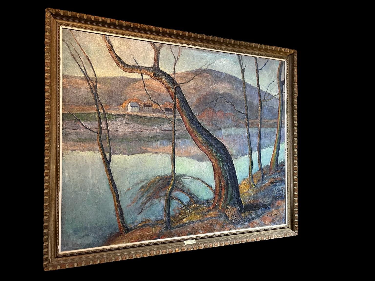 Beautiful Walter E Baum painting from the 1930’s-40’s titled The Delaware in its original frame. The painting came out of a private collection, has never been on the market. Canvas dimensions 50 inches wide by 40 inches high. Frame Dimensions 55