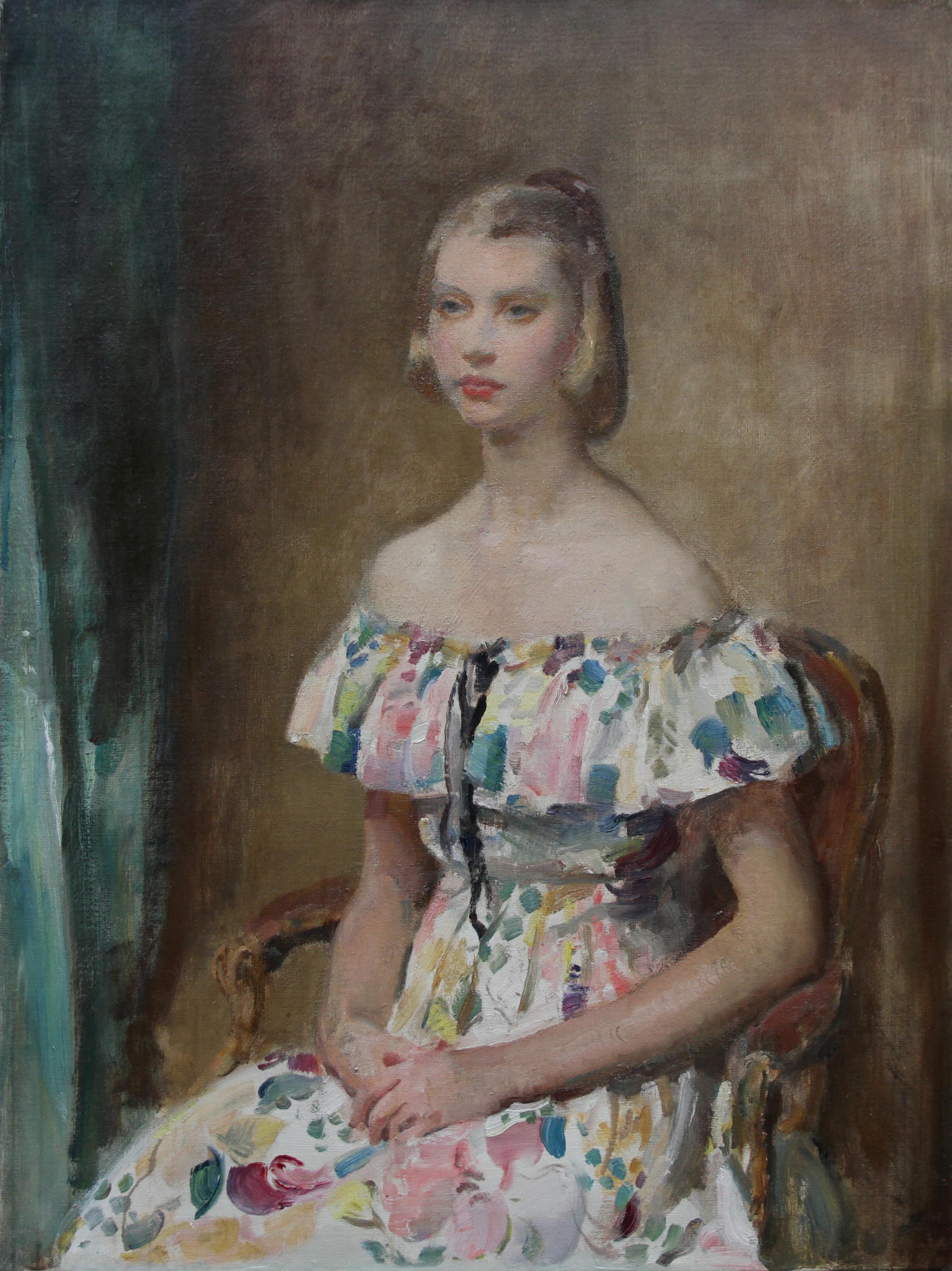 Portrait of a Young Lady  - British art 20's Impressionist oil painting portrait For Sale 8