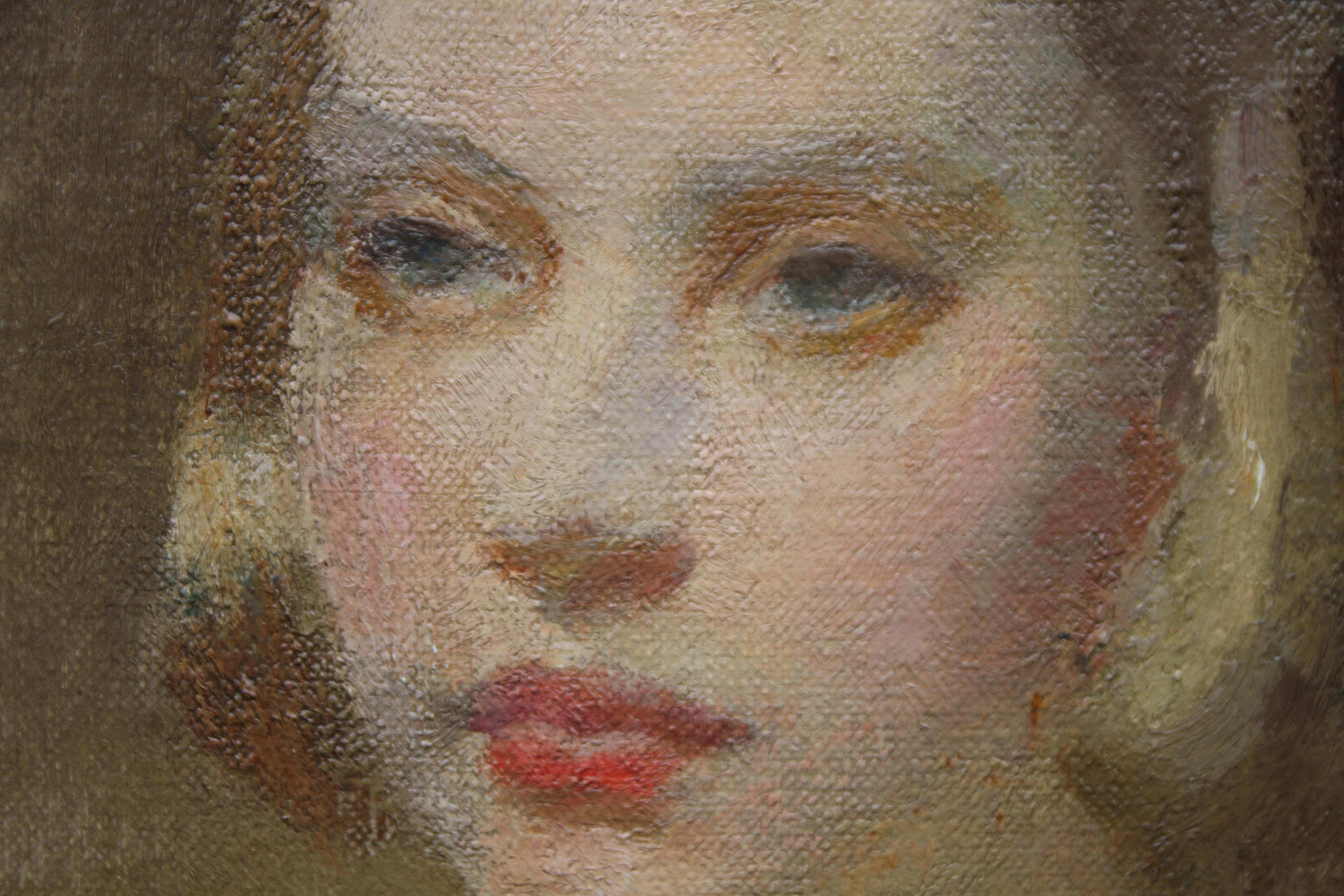 Portrait d'une jeune femme  - Portrait à l'huile impressionniste britannique de l'art des années 20 en vente 1