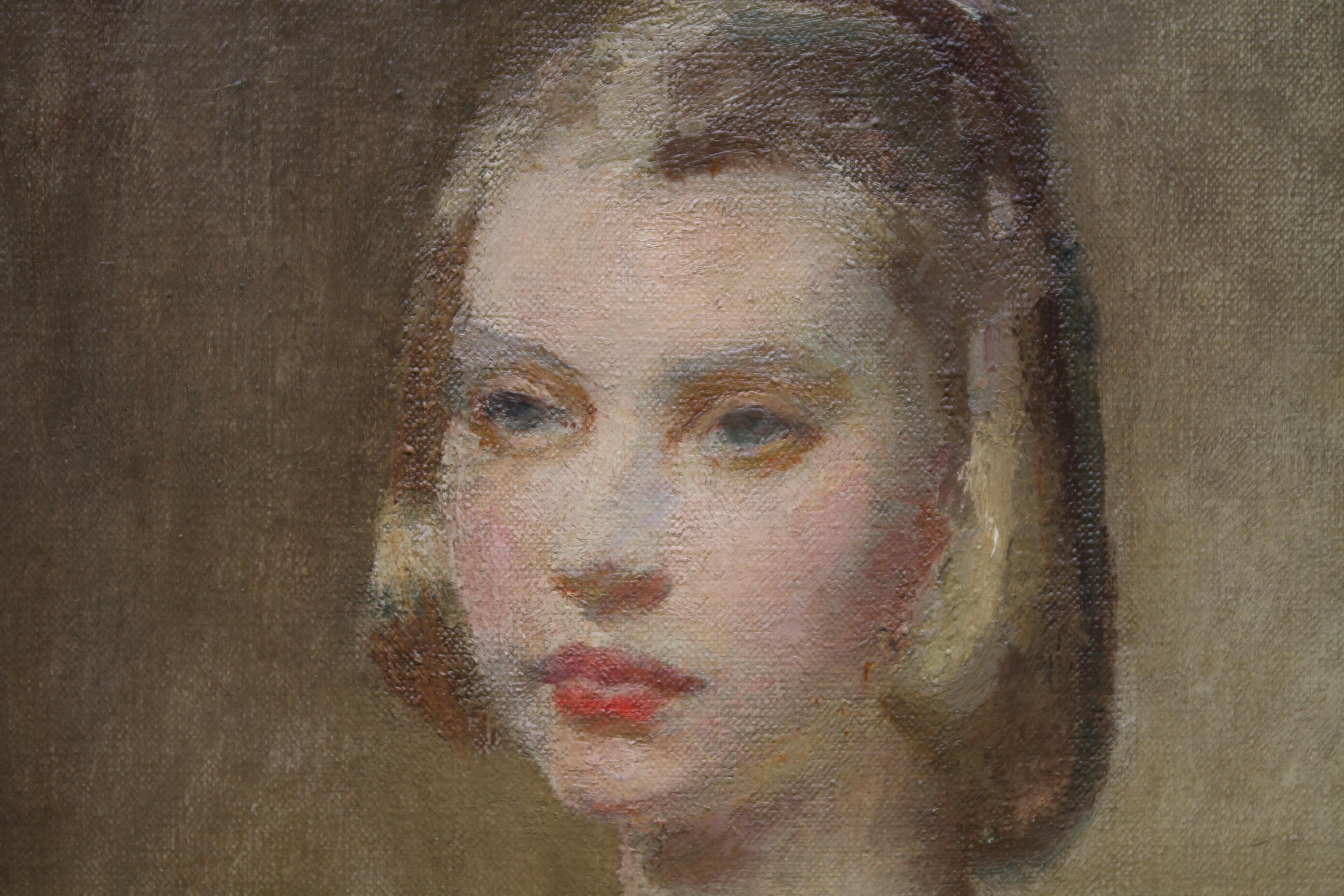 Portrait of a Young Lady  - British art 20's Impressionist oil painting portrait For Sale 2