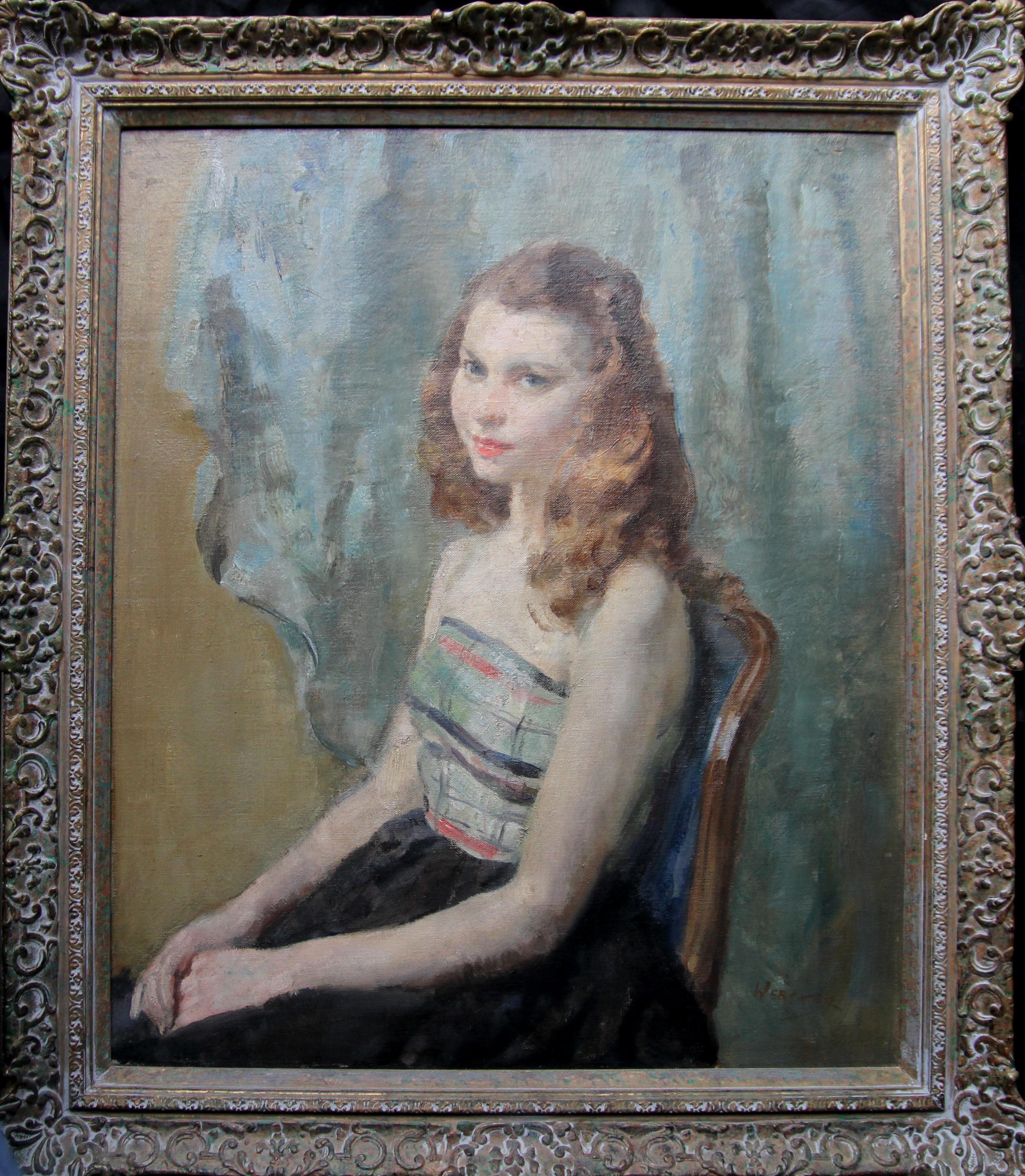 Portrait of Seated Young Woman  - British 30's art Impressionist oil painting  For Sale 3