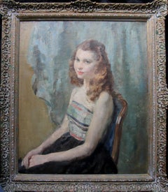 Vintage Portrait of Seated Young Woman  - British 30's art Impressionist oil painting 