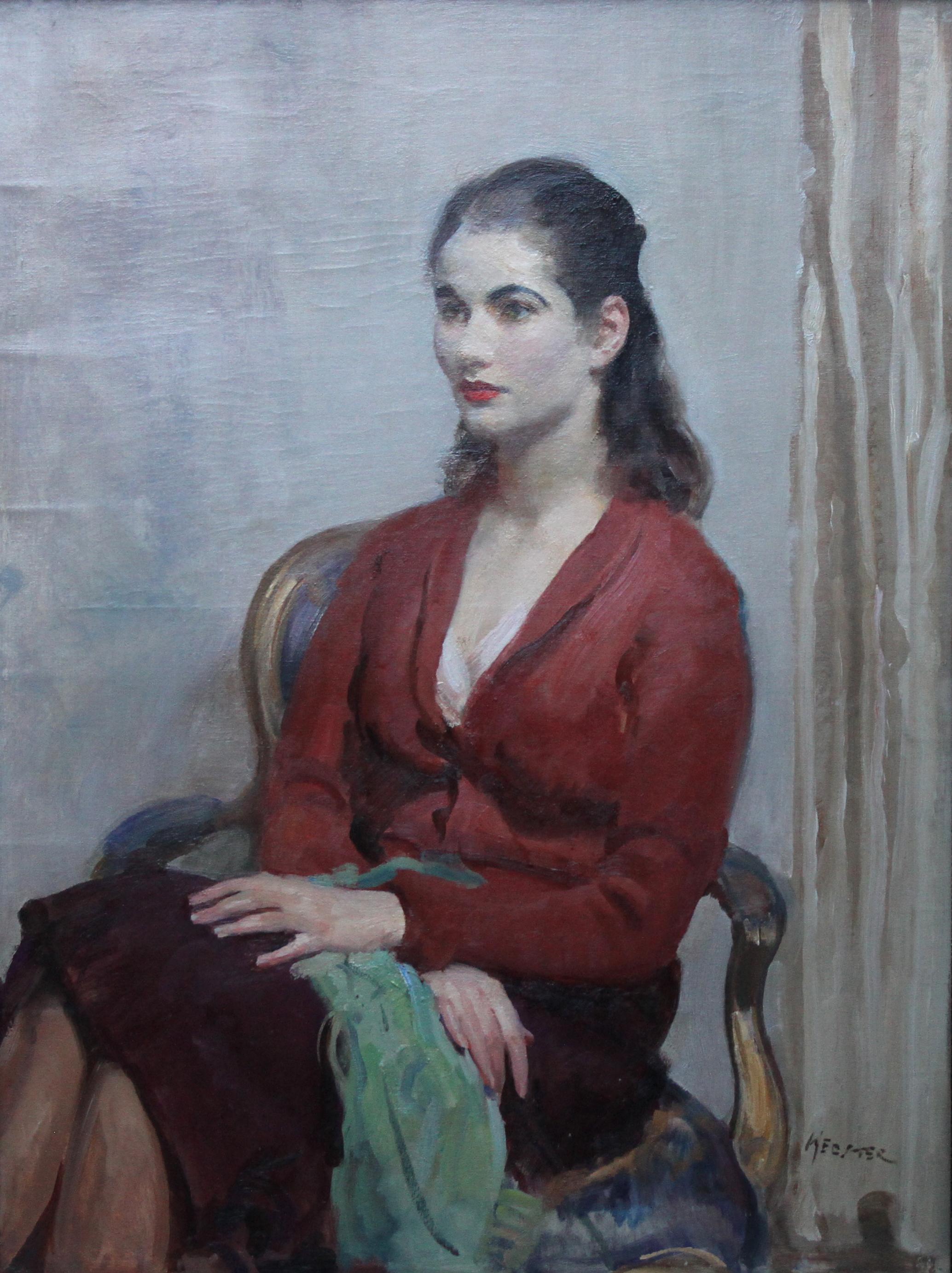 Portrait de jeune femme en rouge - Peinture à l'huile impressionniste britannique des années 20 - intérieur - Painting de Walter Ernest Webster