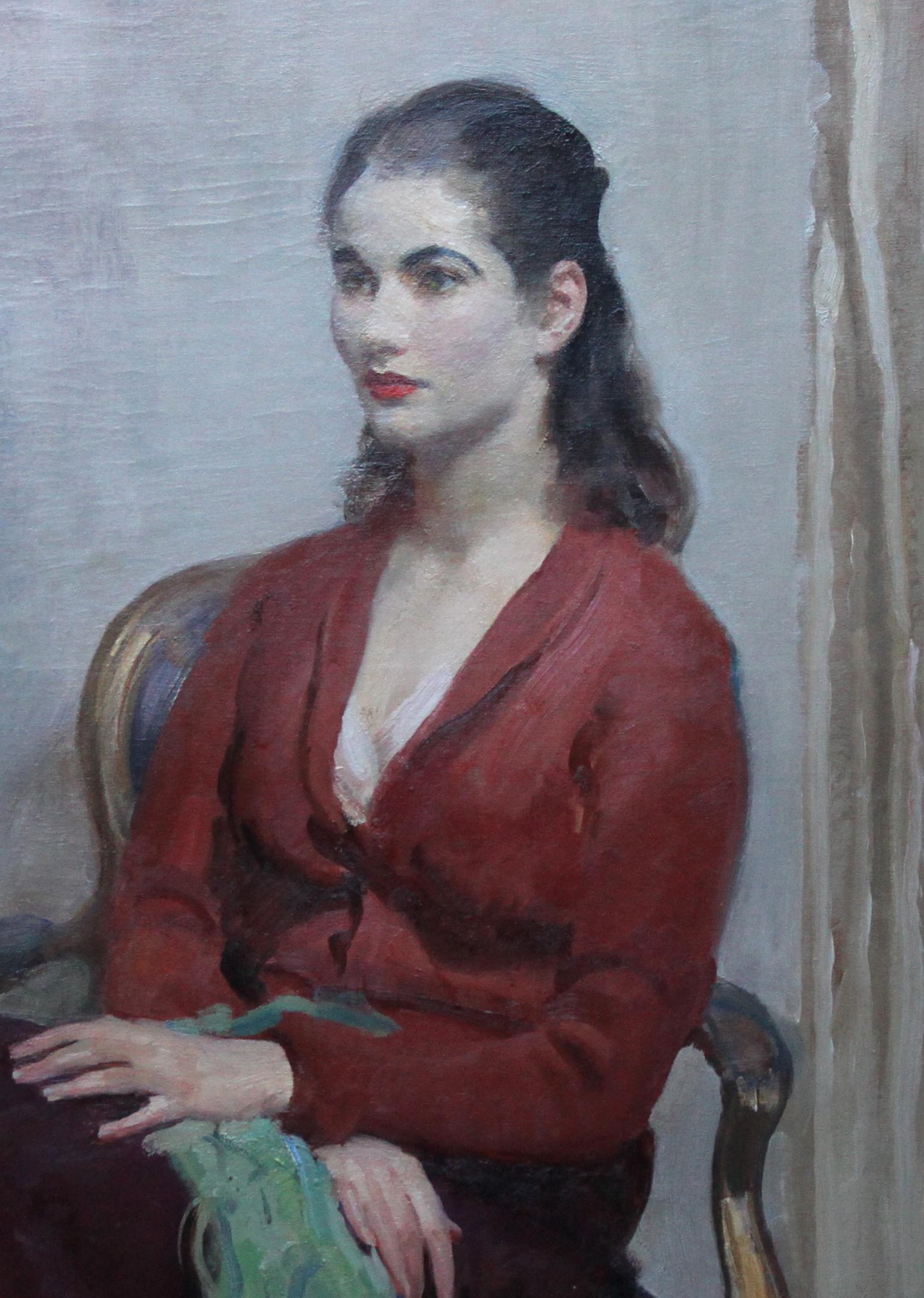 Portrait de jeune femme en rouge - Peinture à l'huile impressionniste britannique des années 20 - intérieur - Impressionnisme Painting par Walter Ernest Webster