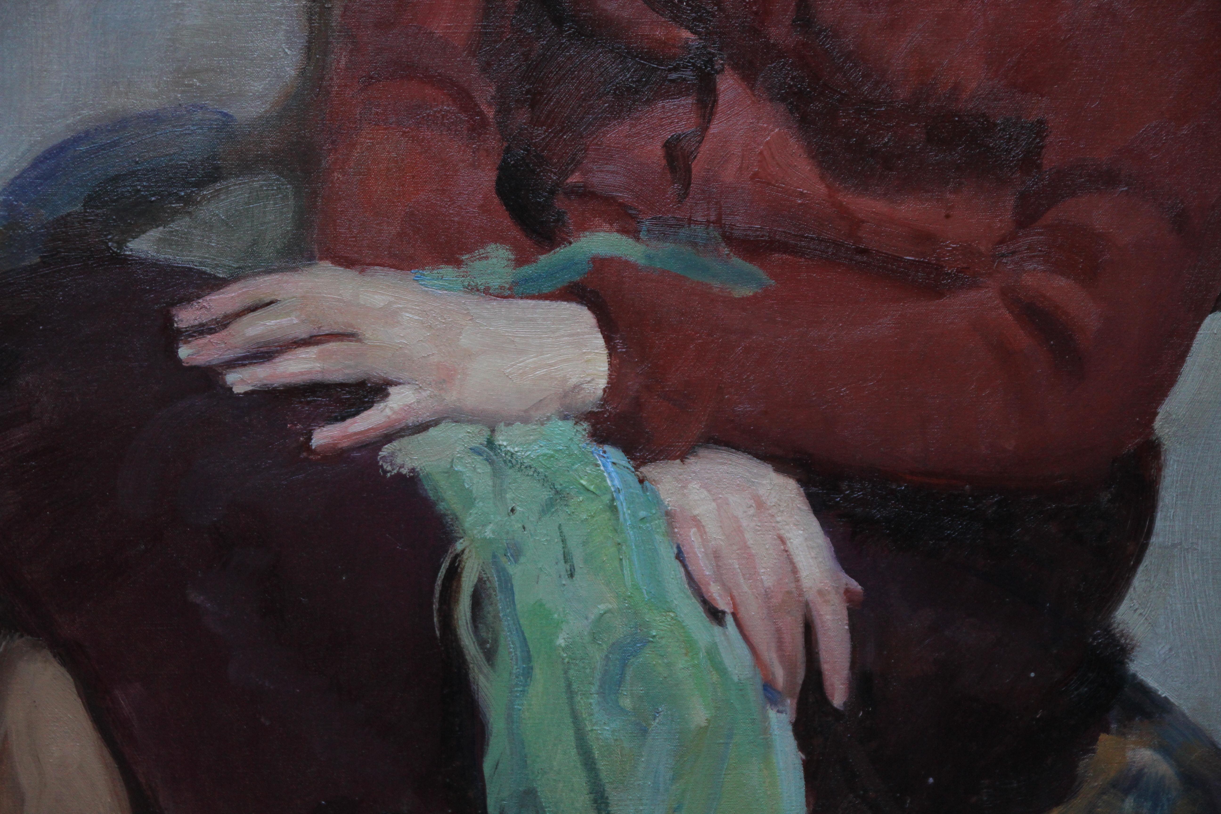 Portrait de jeune femme en rouge - Peinture à l'huile impressionniste britannique des années 20 - intérieur en vente 2